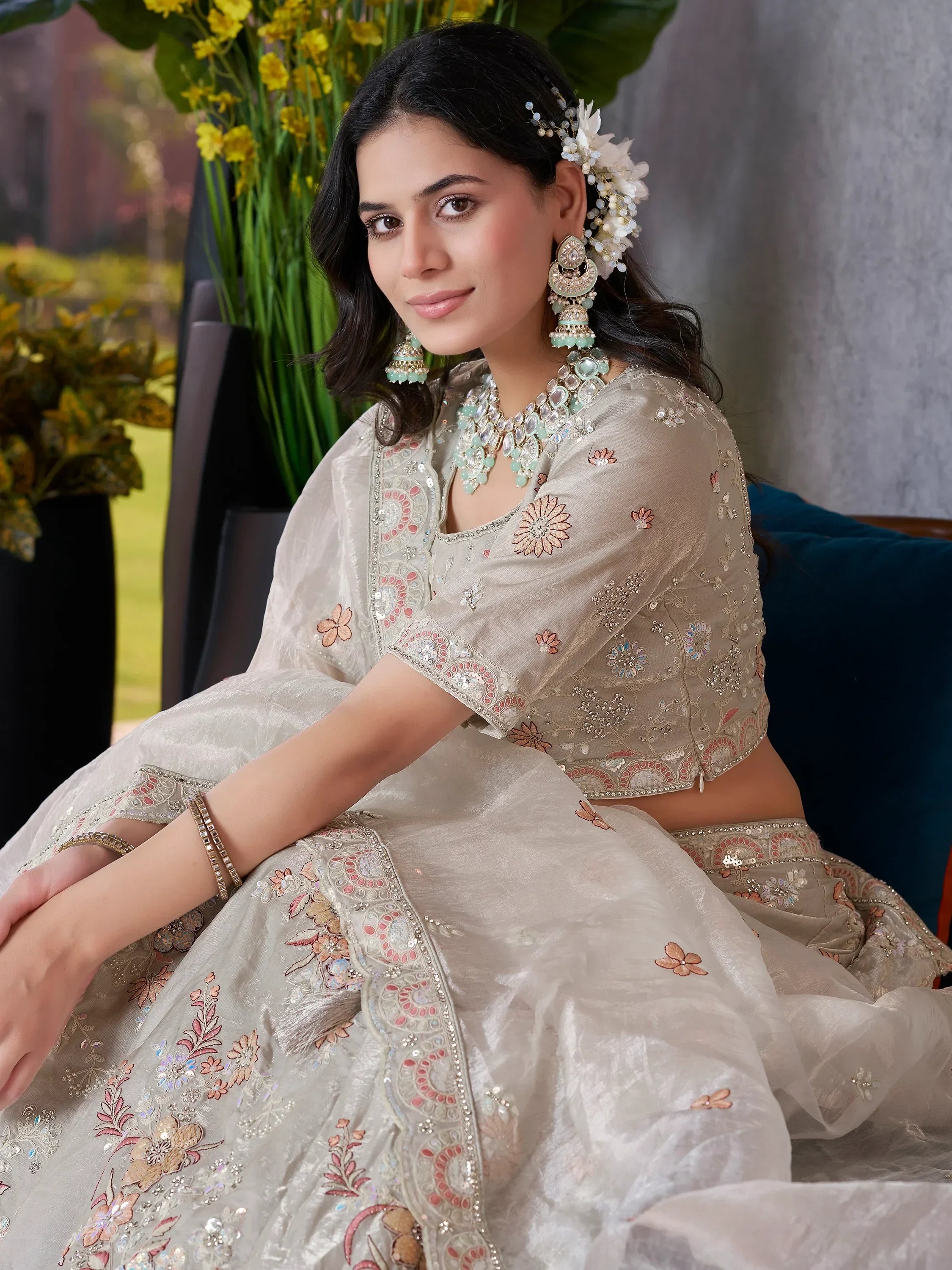 Marvelous Grey Jarkan Work Lehenga Choli With Organza Dupatta
