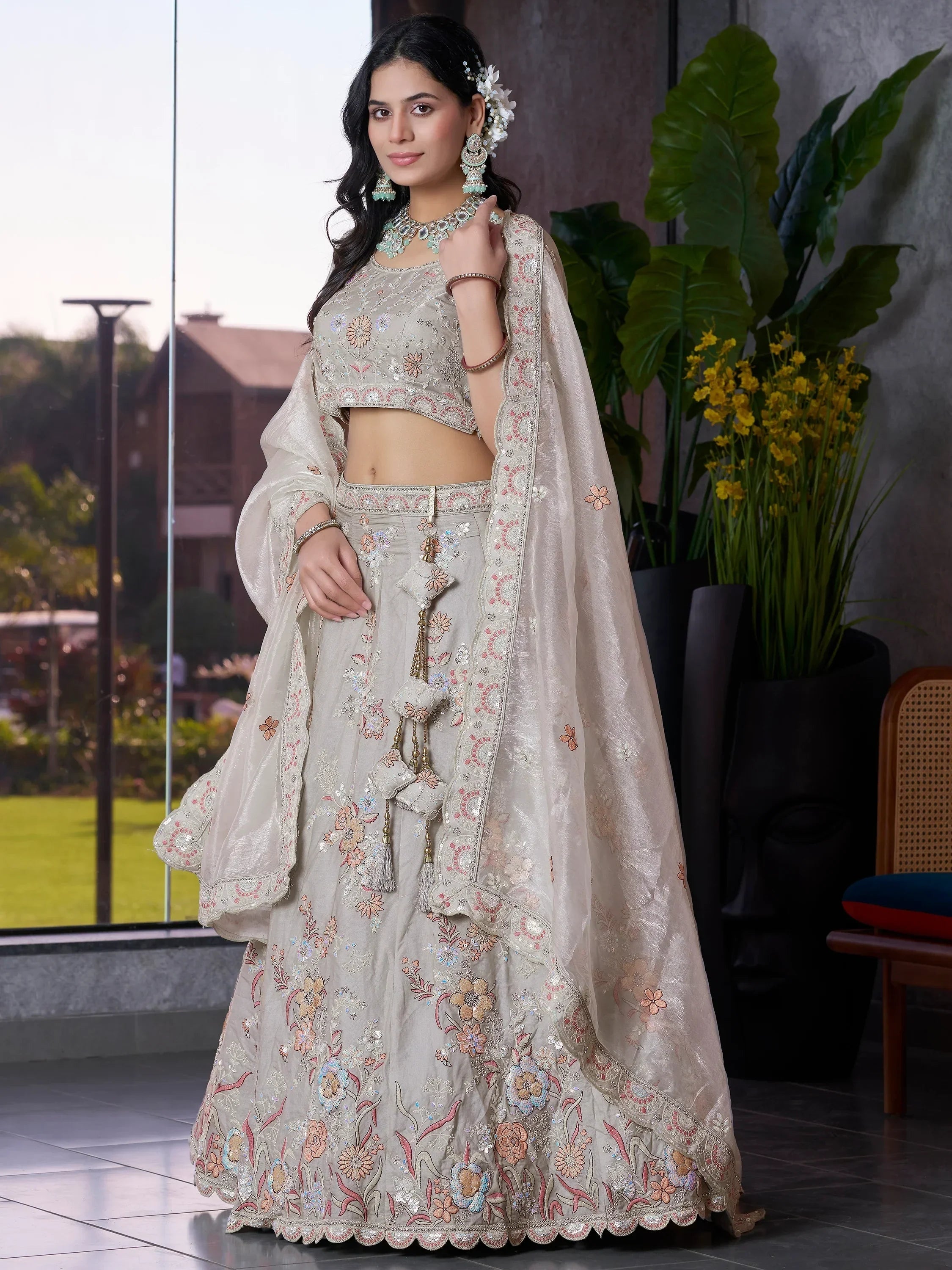 Marvelous Grey Jarkan Work Lehenga Choli With Organza Dupatta