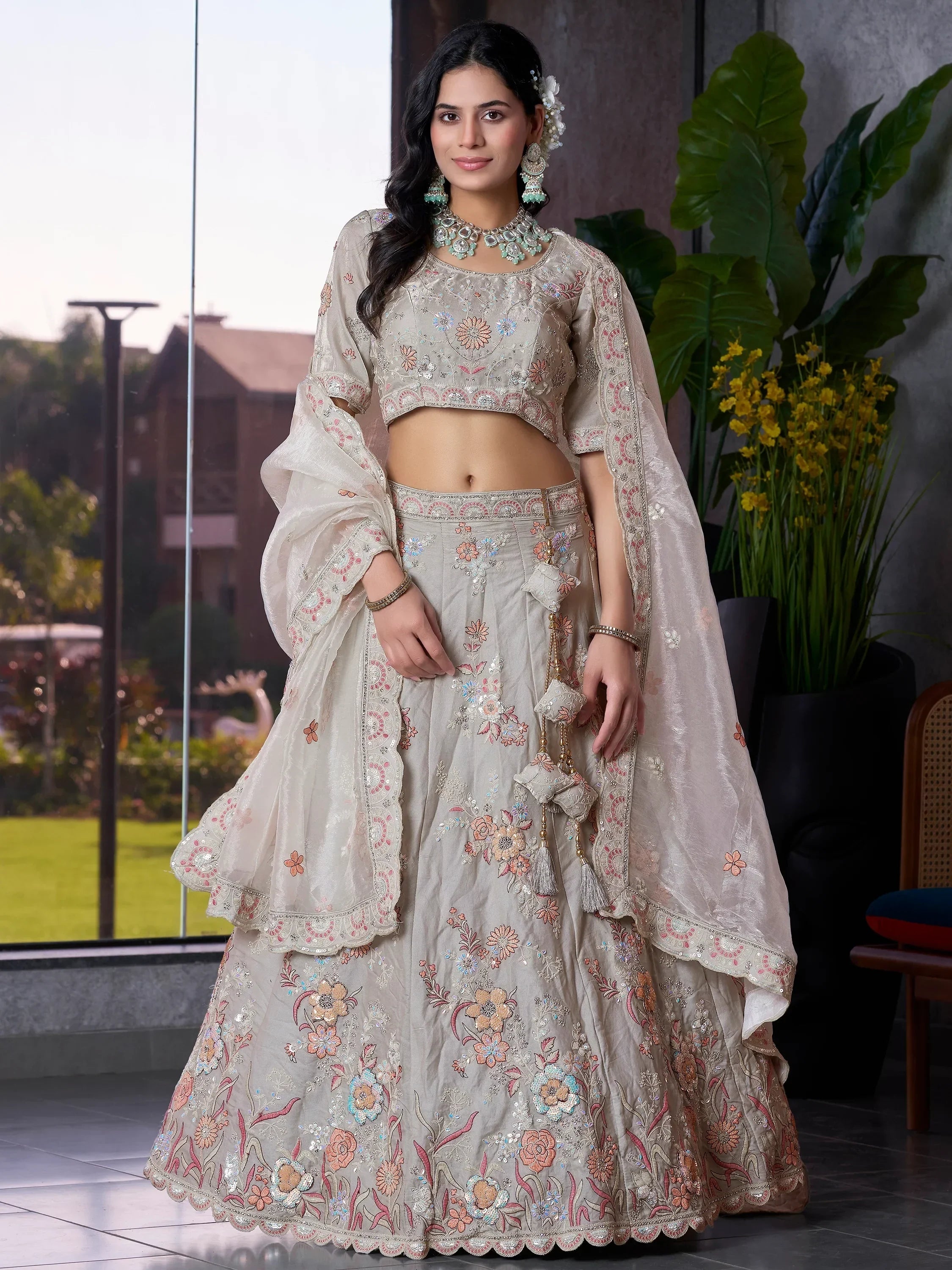 Marvelous Grey Jarkan Work Lehenga Choli With Organza Dupatta