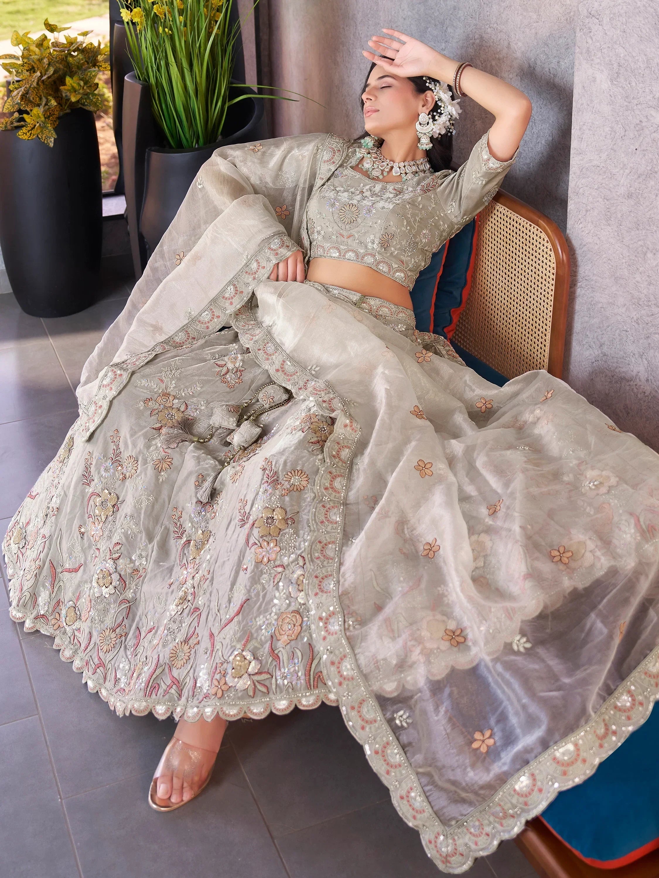 Marvelous Grey Jarkan Work Lehenga Choli With Organza Dupatta