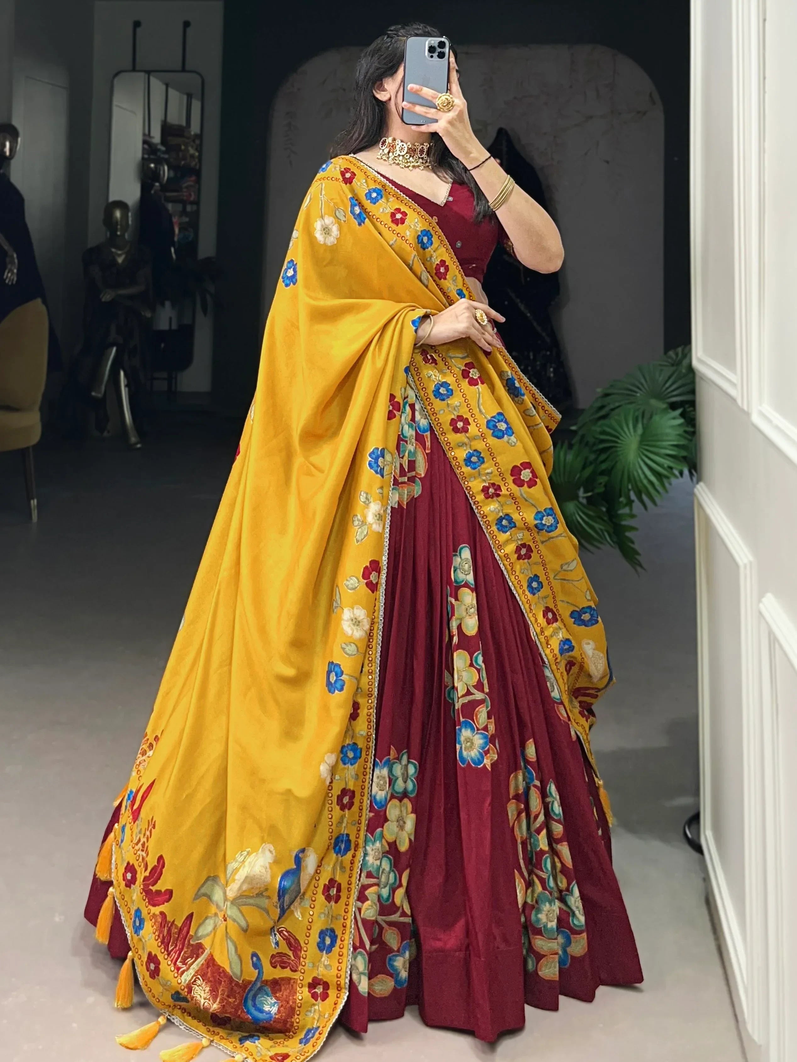 Maroon Astonishing Foil Printed Tussar Silk Festive Wear Lehenga Choli