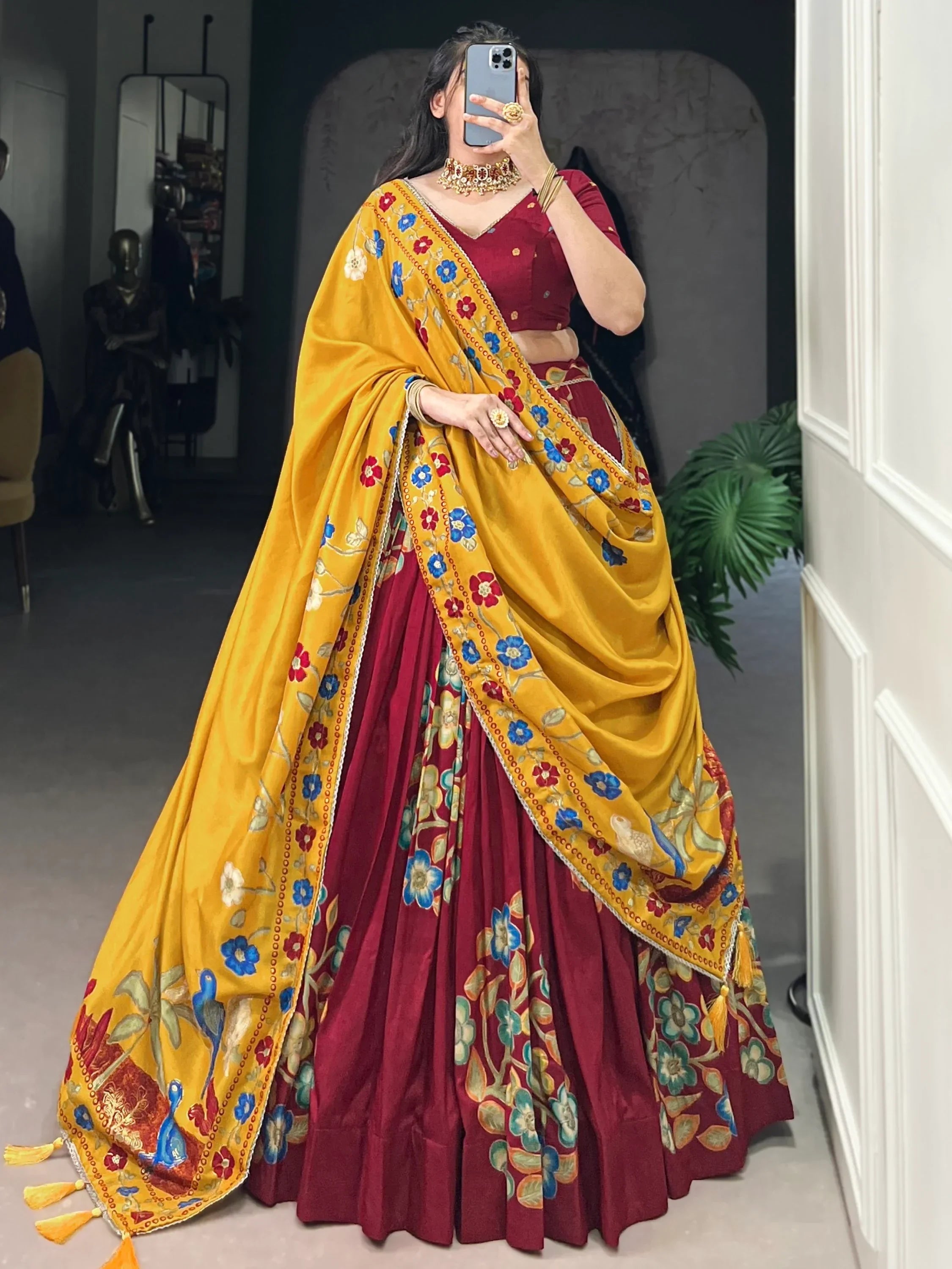 Maroon Astonishing Foil Printed Tussar Silk Festive Wear Lehenga Choli
