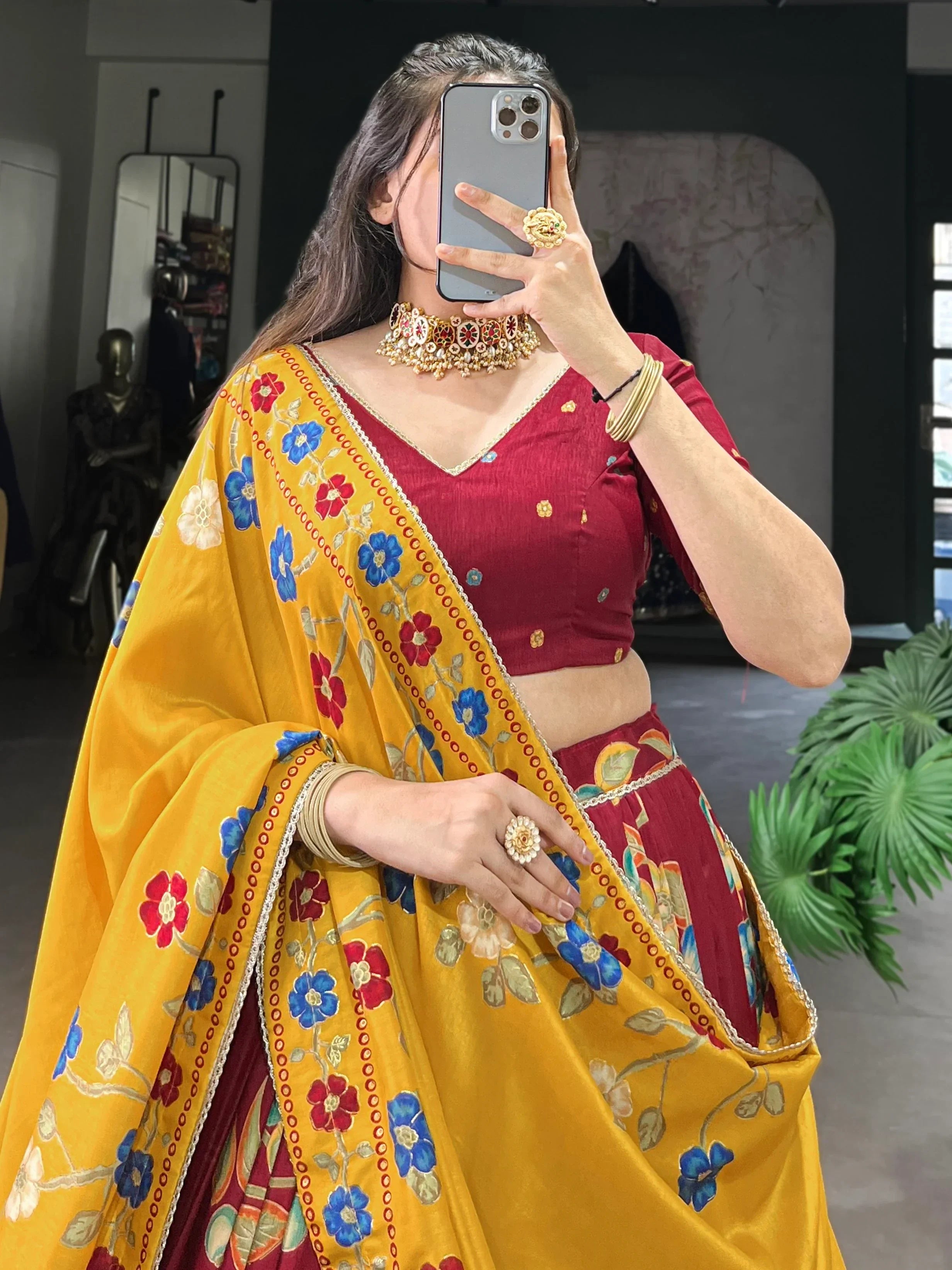 Maroon Astonishing Foil Printed Tussar Silk Festive Wear Lehenga Choli