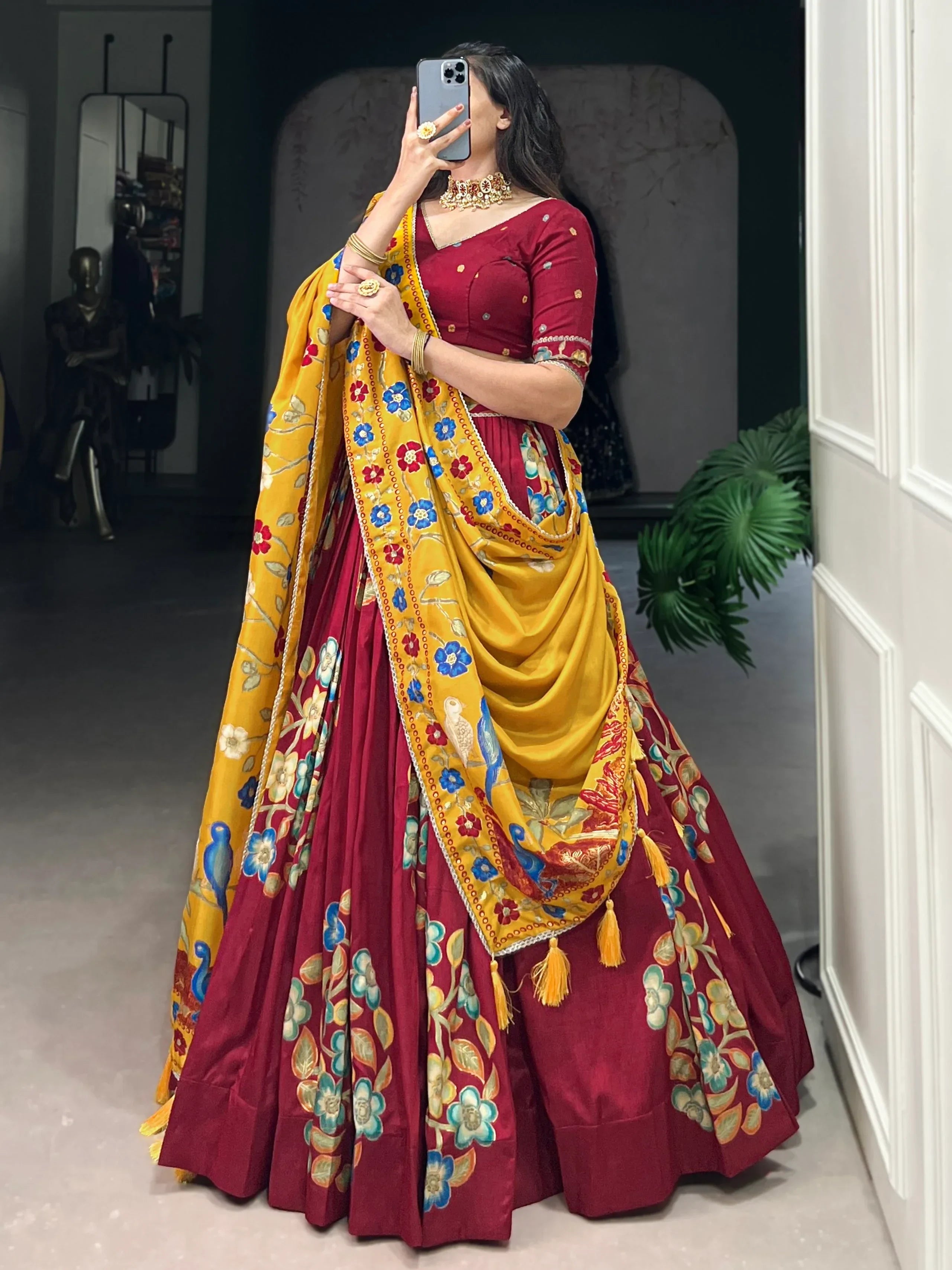 Maroon Astonishing Foil Printed Tussar Silk Festive Wear Lehenga Choli