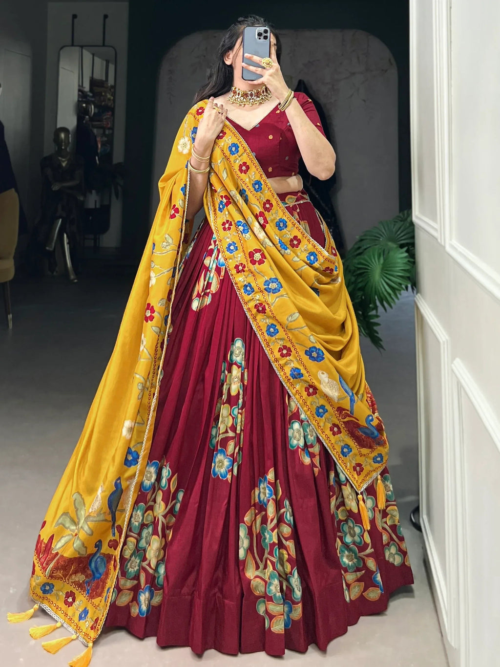 Maroon Astonishing Foil Printed Tussar Silk Festive Wear Lehenga Choli