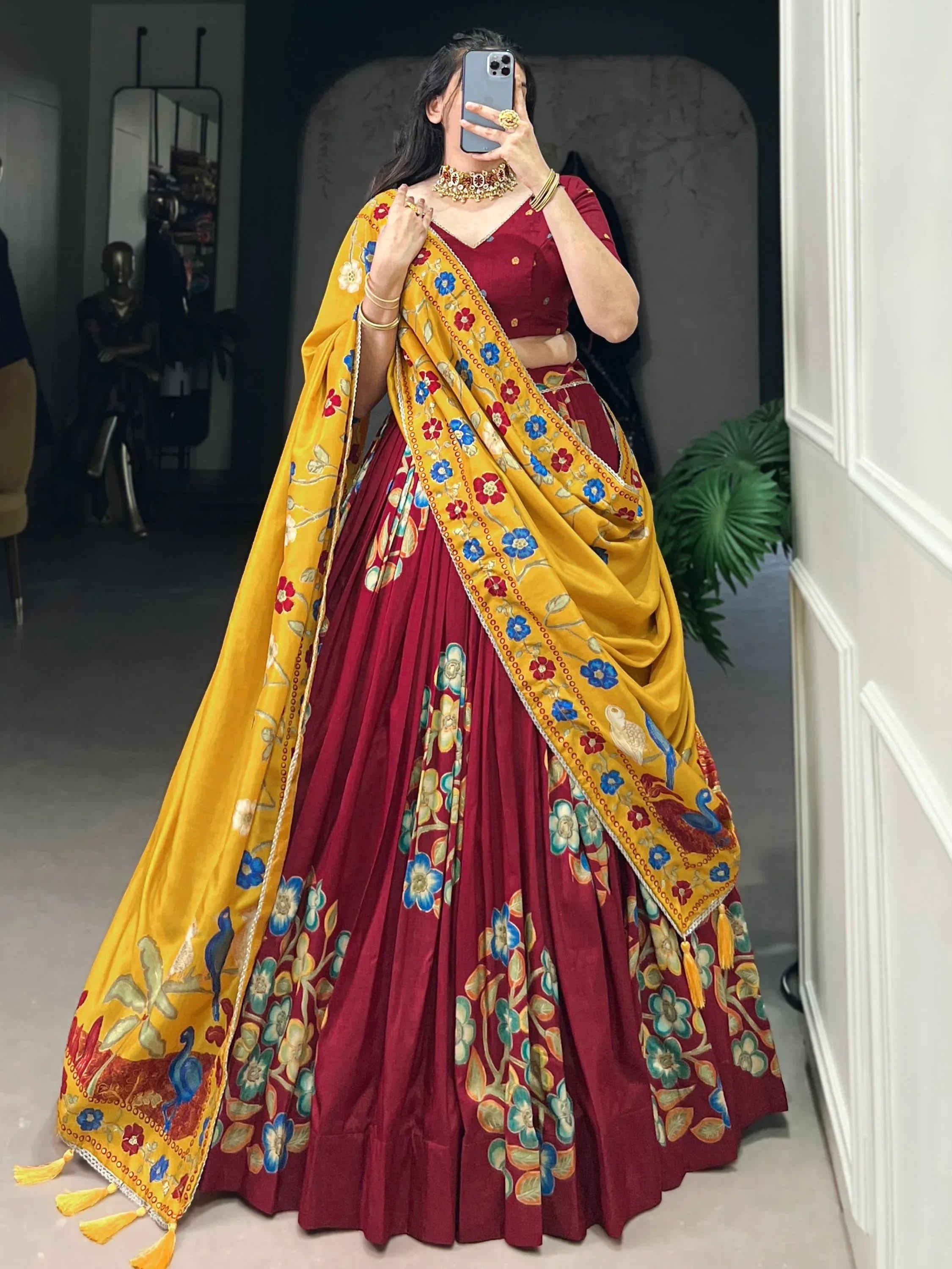 Maroon Astonishing Foil Printed Tussar Silk Festive Wear Lehenga Choli