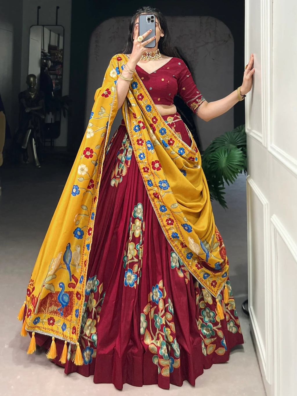Maroon Astonishing Foil Printed Tussar Silk Festive Wear Lehenga Choli