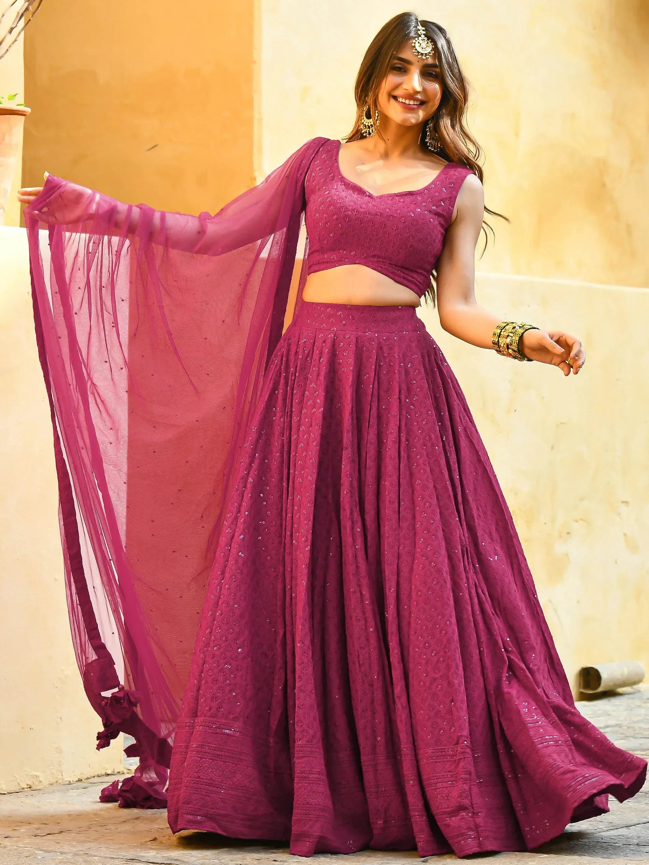 Pink Sweet Sequins Georgette Reception Wear Lehenga Choli