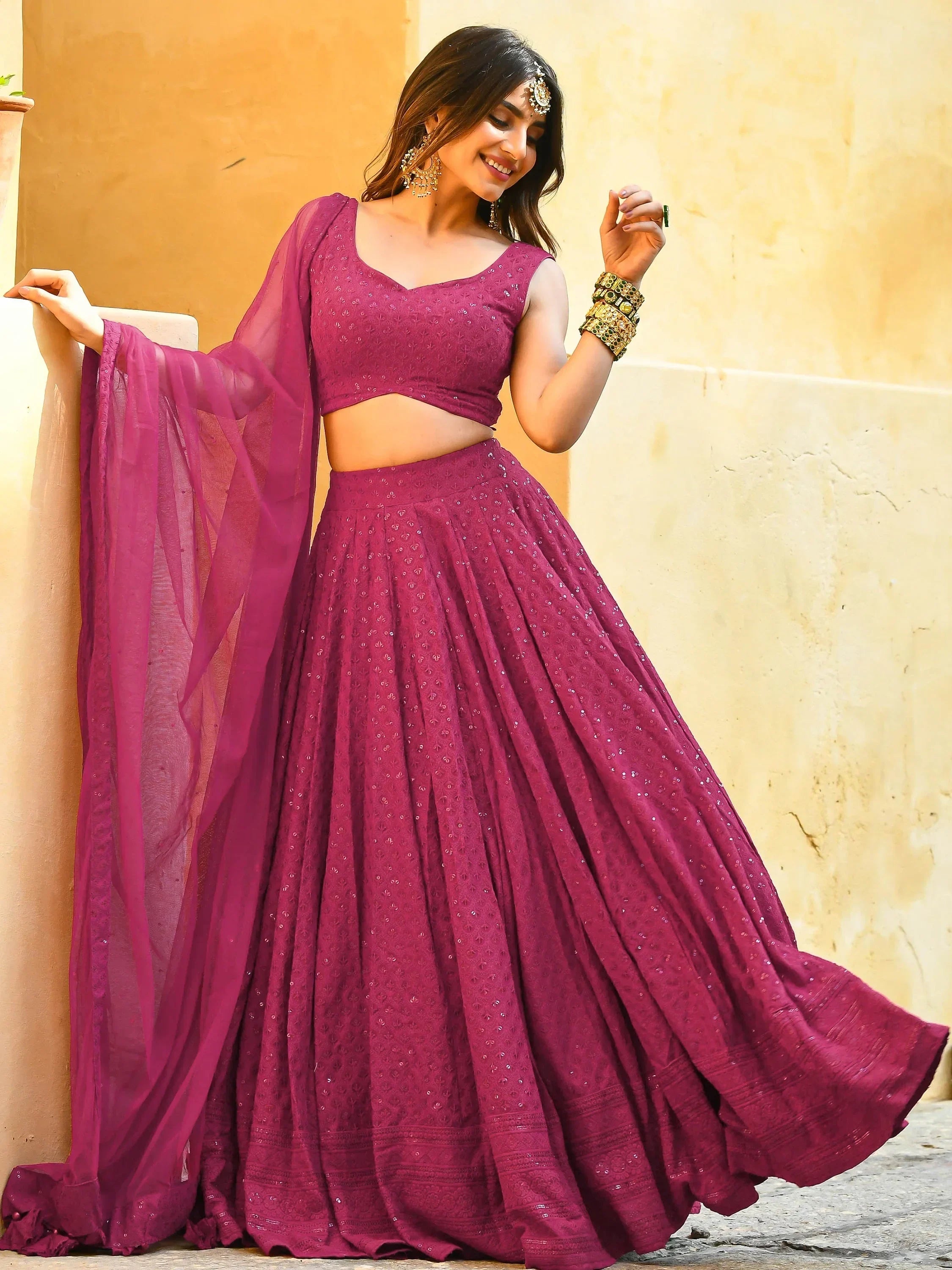 Pink Sweet Sequins Georgette Reception Wear Lehenga Choli