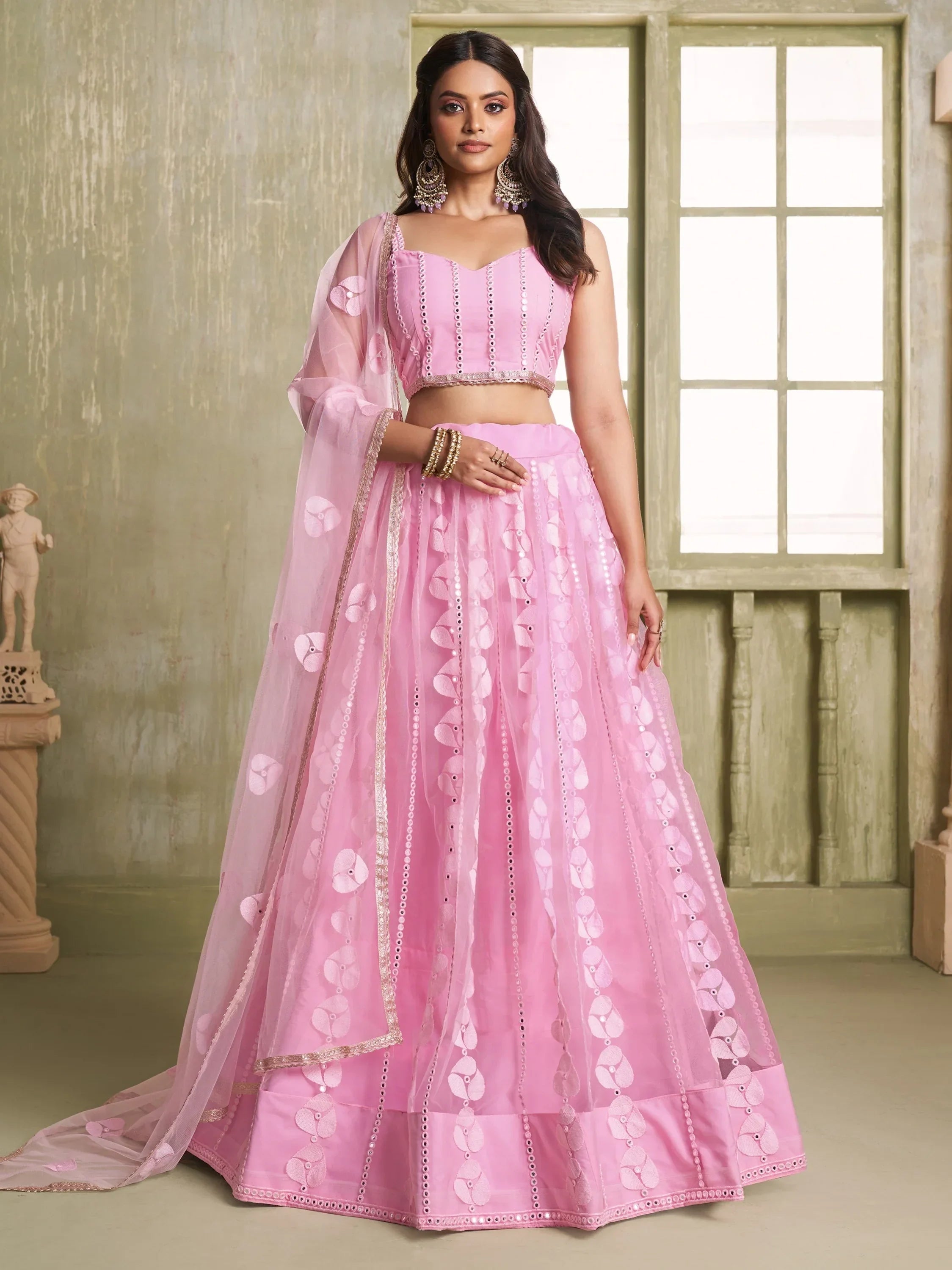 Marvelous Pink Thread Embroidered Net Lehenga Choli With Dupatta