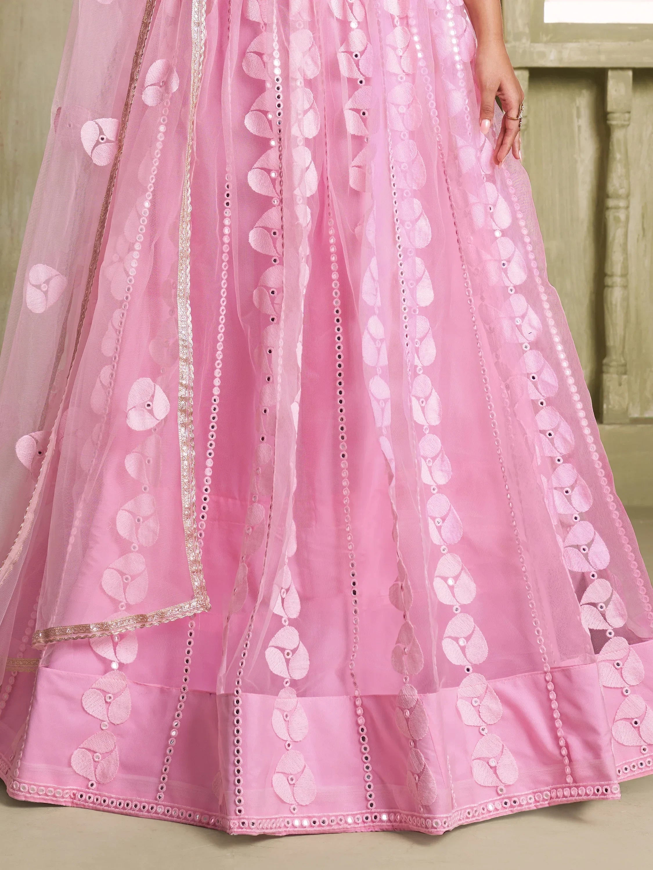 Marvelous Pink Thread Embroidered Net Lehenga Choli With Dupatta