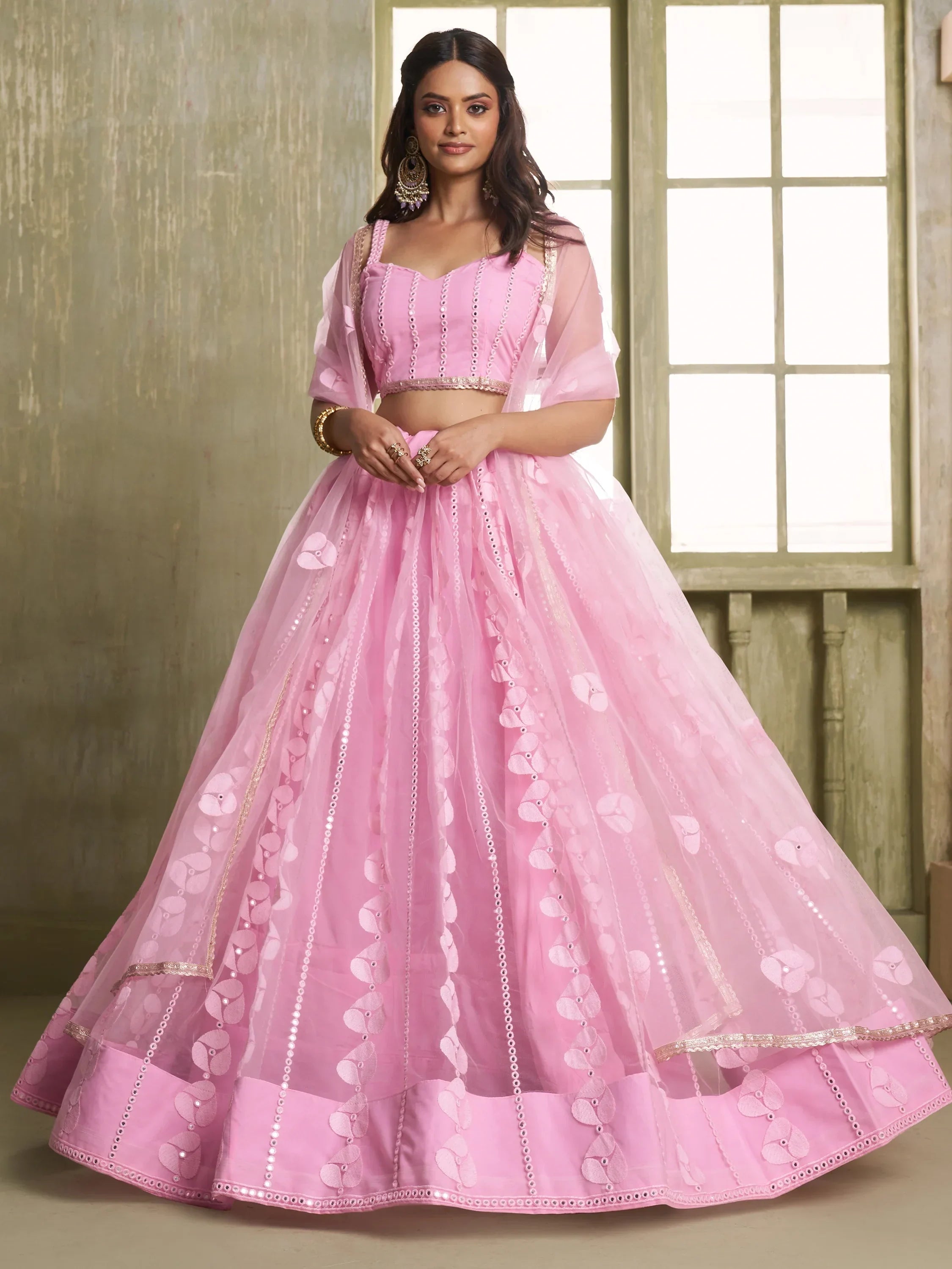 Marvelous Pink Thread Embroidered Net Lehenga Choli With Dupatta