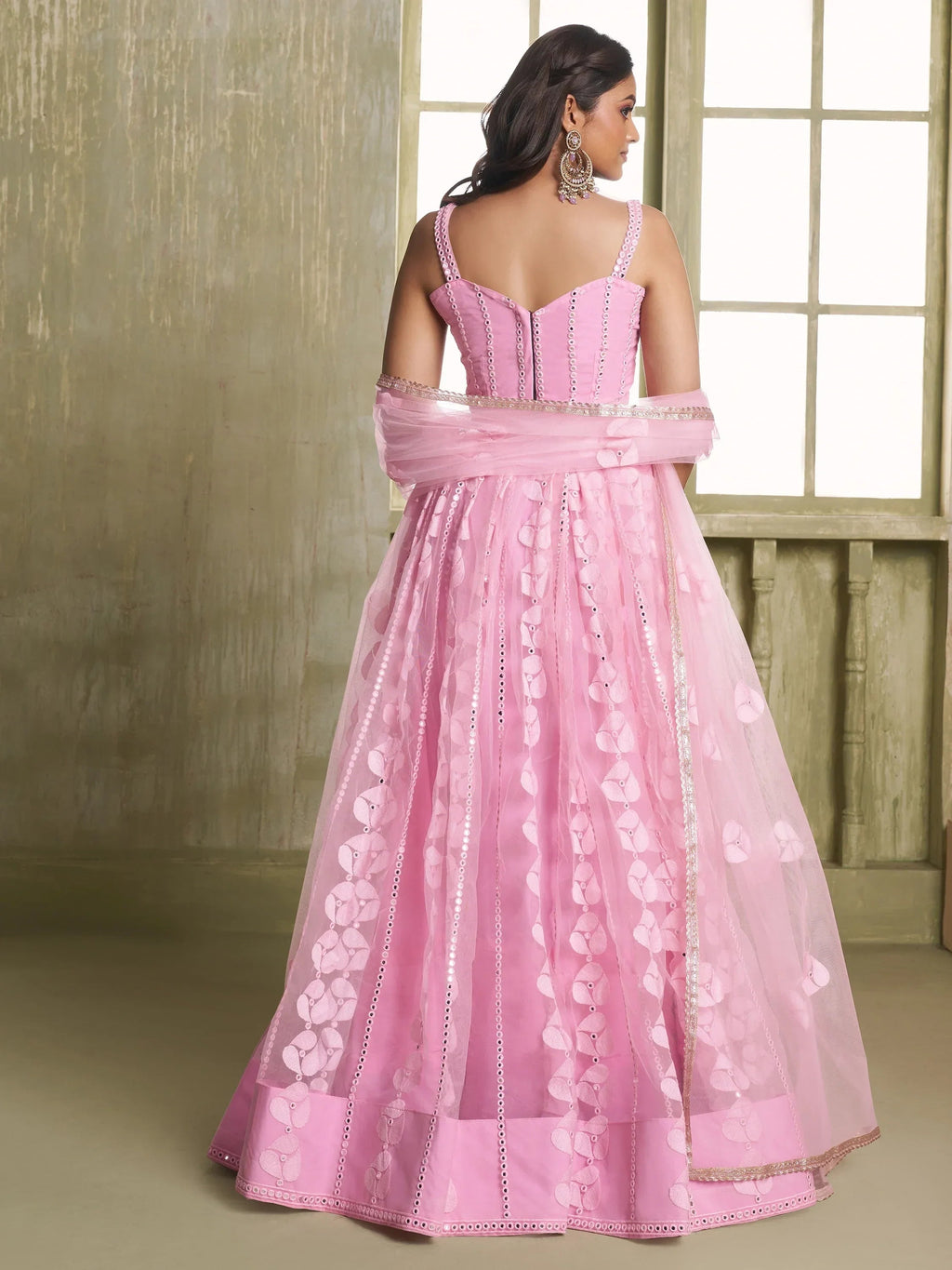 Marvelous Pink Thread Embroidered Net Lehenga Choli With Dupatta