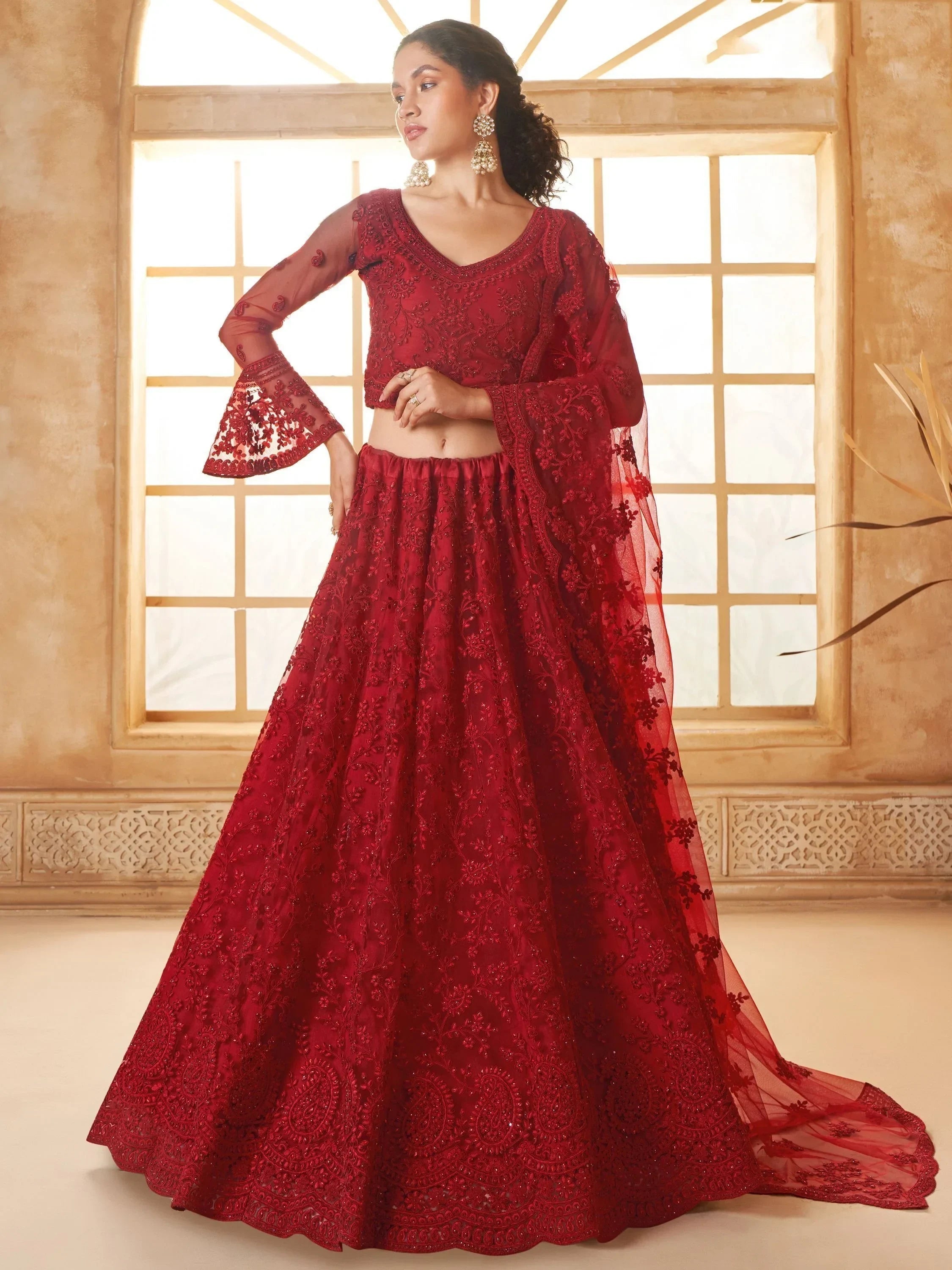 Marvelous Red Embroidered Net Bridesmaid Lehenga Choli With Dupatta