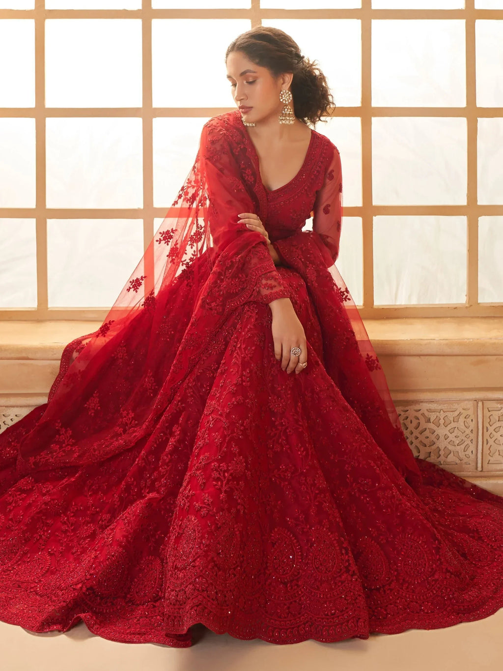 Marvelous Red Embroidered Net Bridesmaid Lehenga Choli With Dupatta