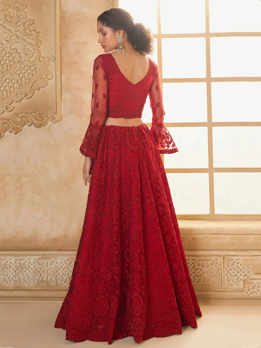 Marvelous Red Embroidered Net Bridesmaid Lehenga Choli With Dupatta