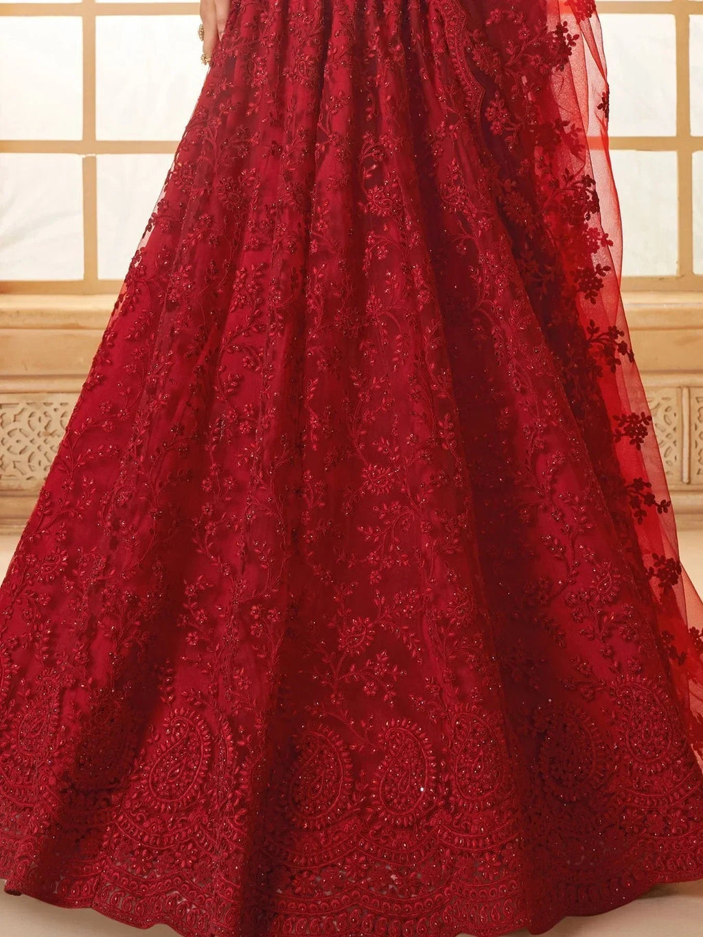 Marvelous Red Embroidered Net Bridesmaid Lehenga Choli With Dupatta