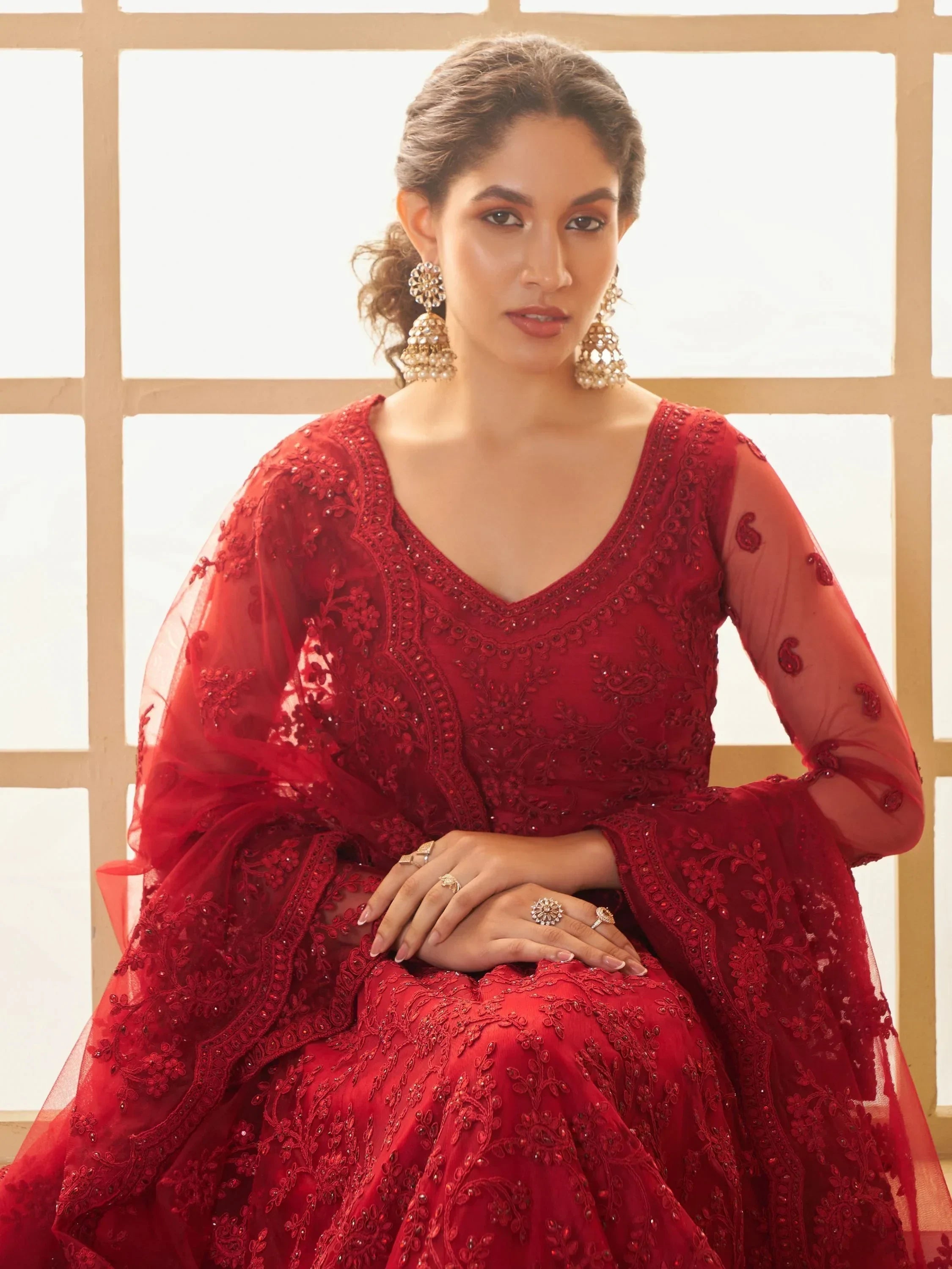 Marvelous Red Embroidered Net Bridesmaid Lehenga Choli With Dupatta