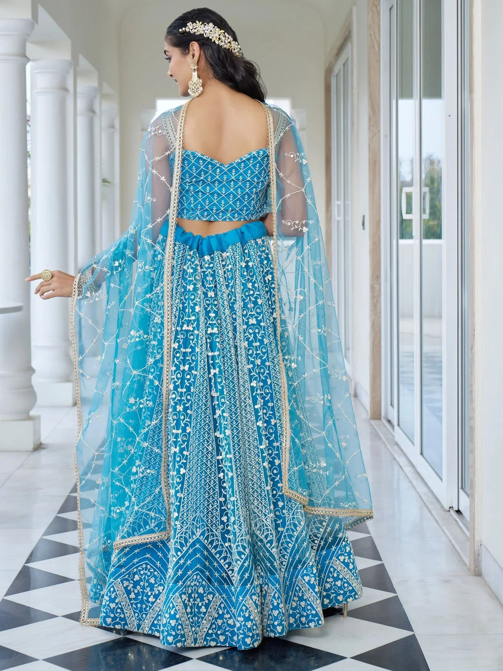 Marvelous Sky Blue Embroidered Net Designer Lehenga Choli