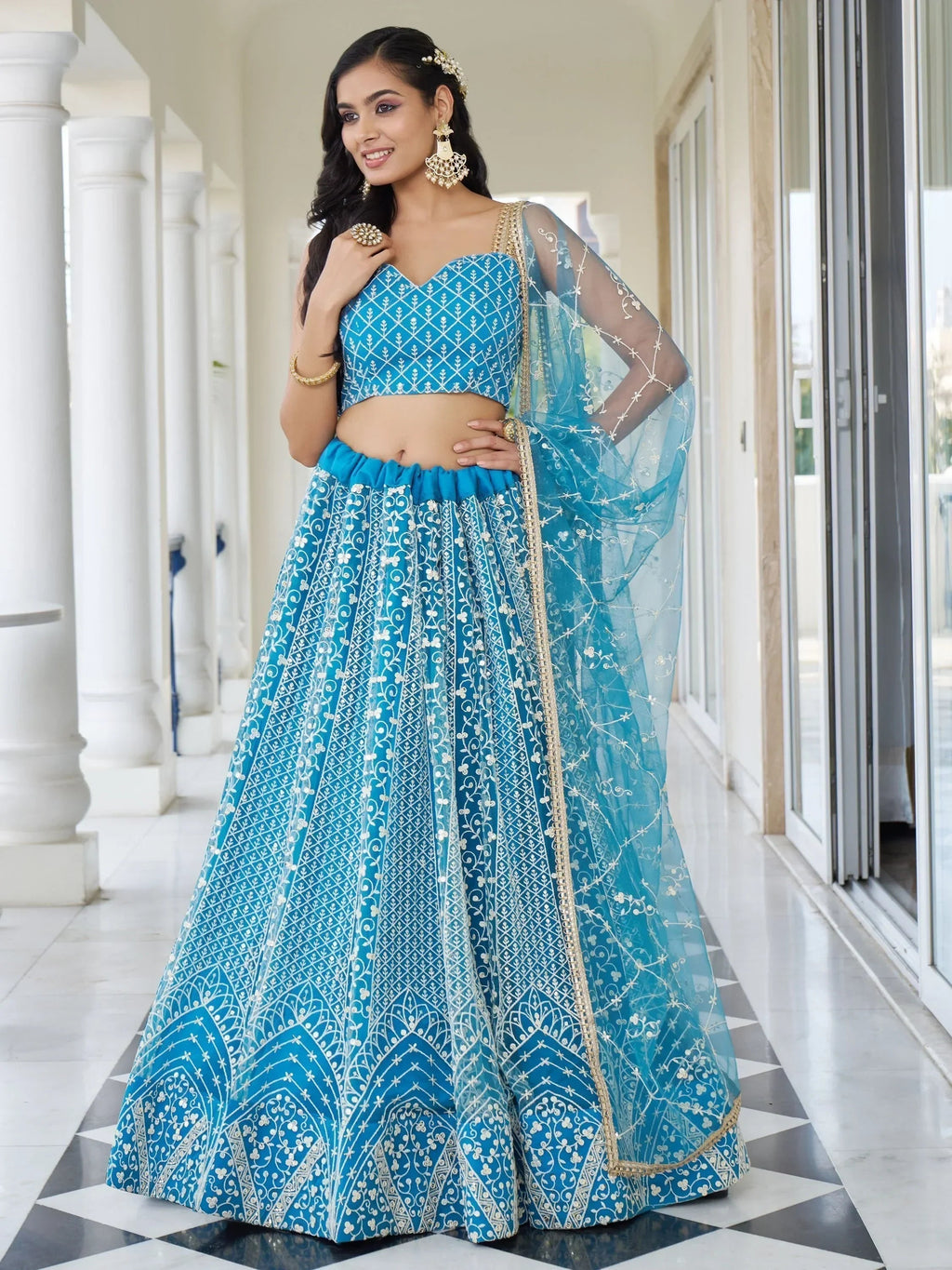Marvelous Sky Blue Embroidered Net Designer Lehenga Choli