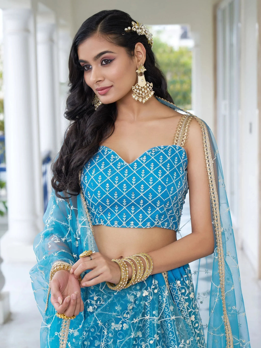 Marvelous Sky Blue Embroidered Net Designer Lehenga Choli