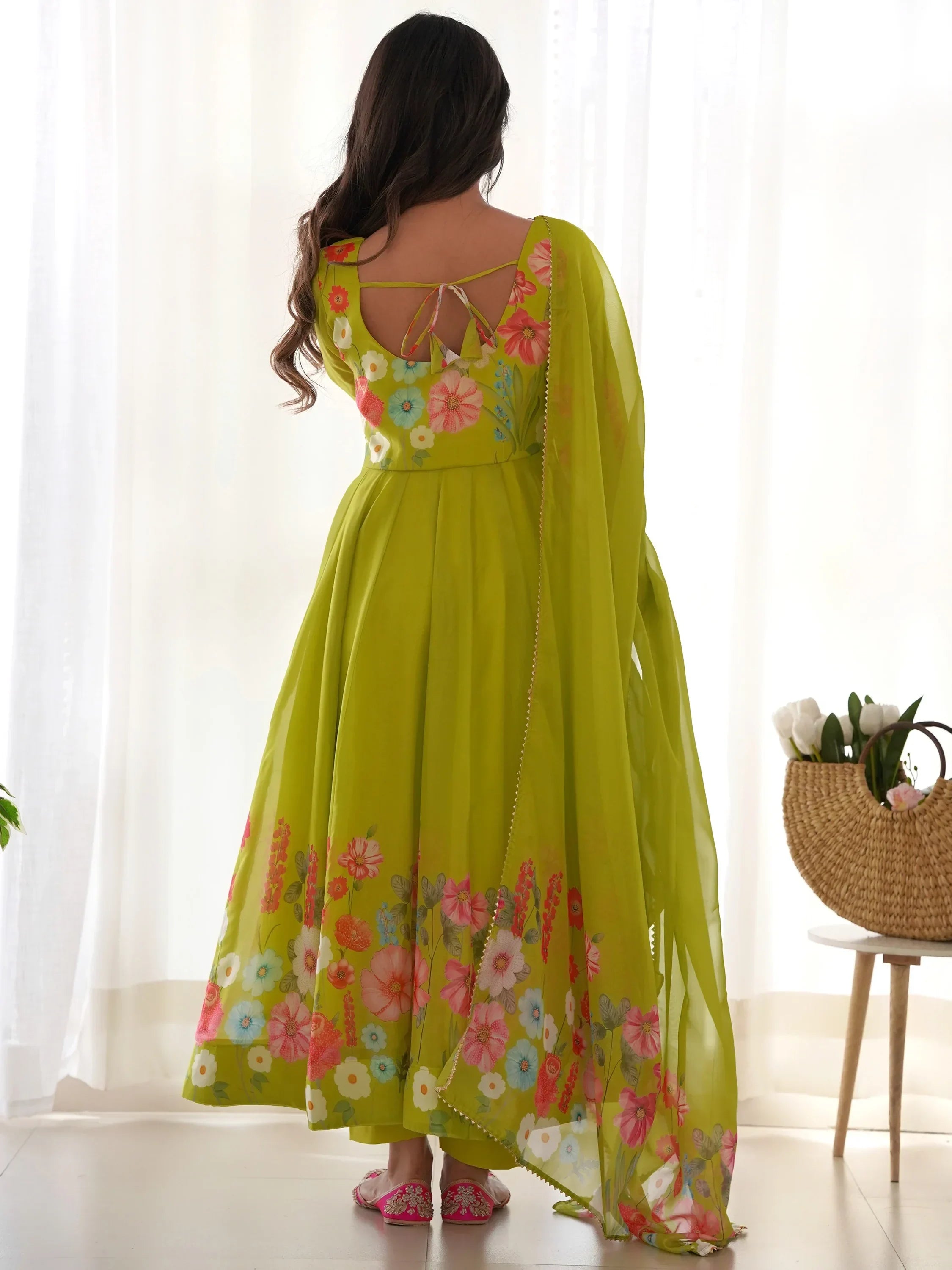Green Incredible Floral Printed Organza Festival Wear Anarkali Suit