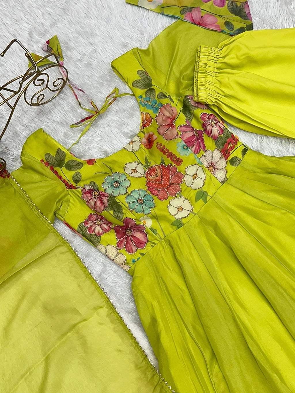 Green Incredible Floral Printed Organza Festival Wear Anarkali Suit