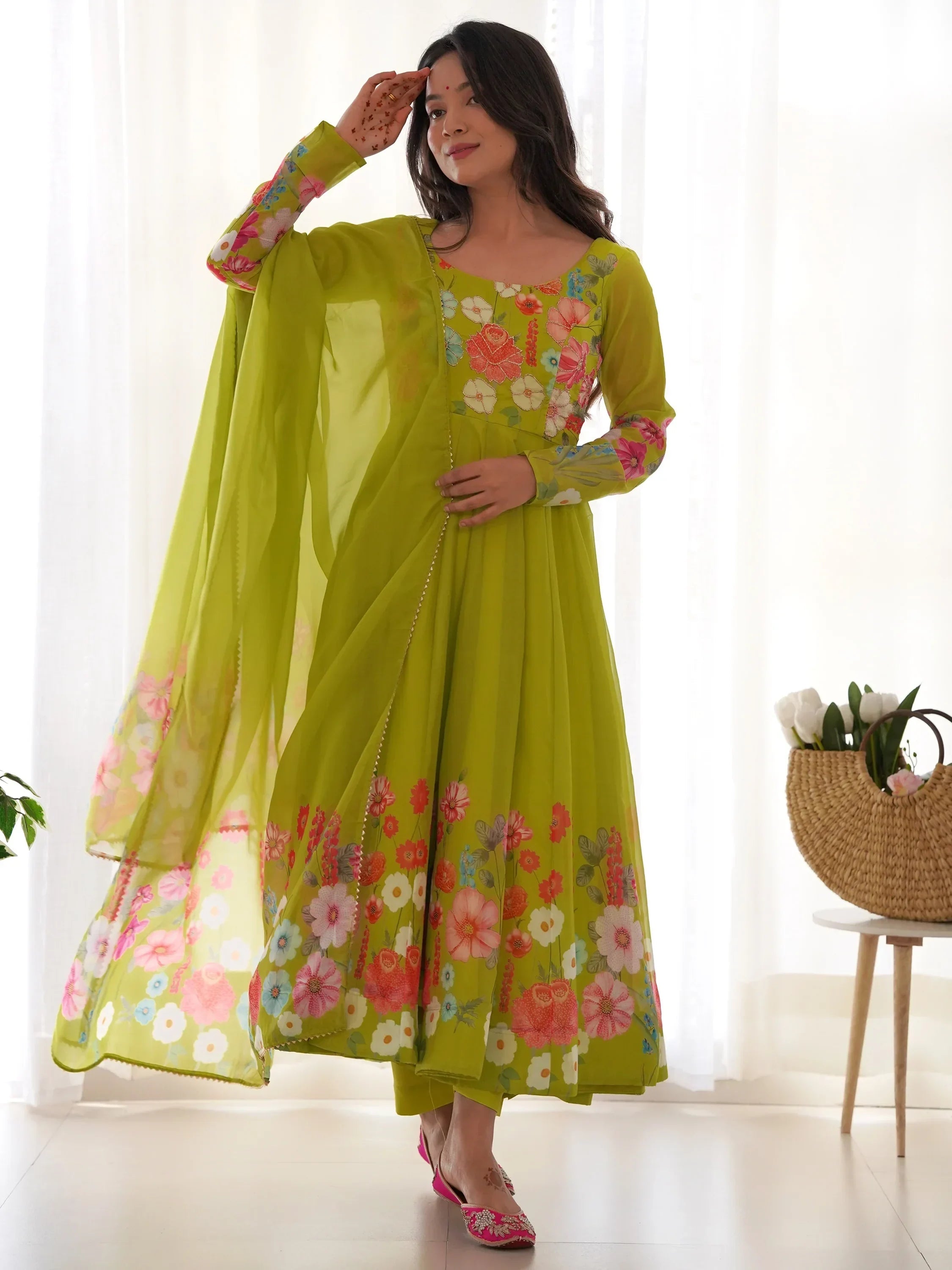 Green Incredible Floral Printed Organza Festival Wear Anarkali Suit