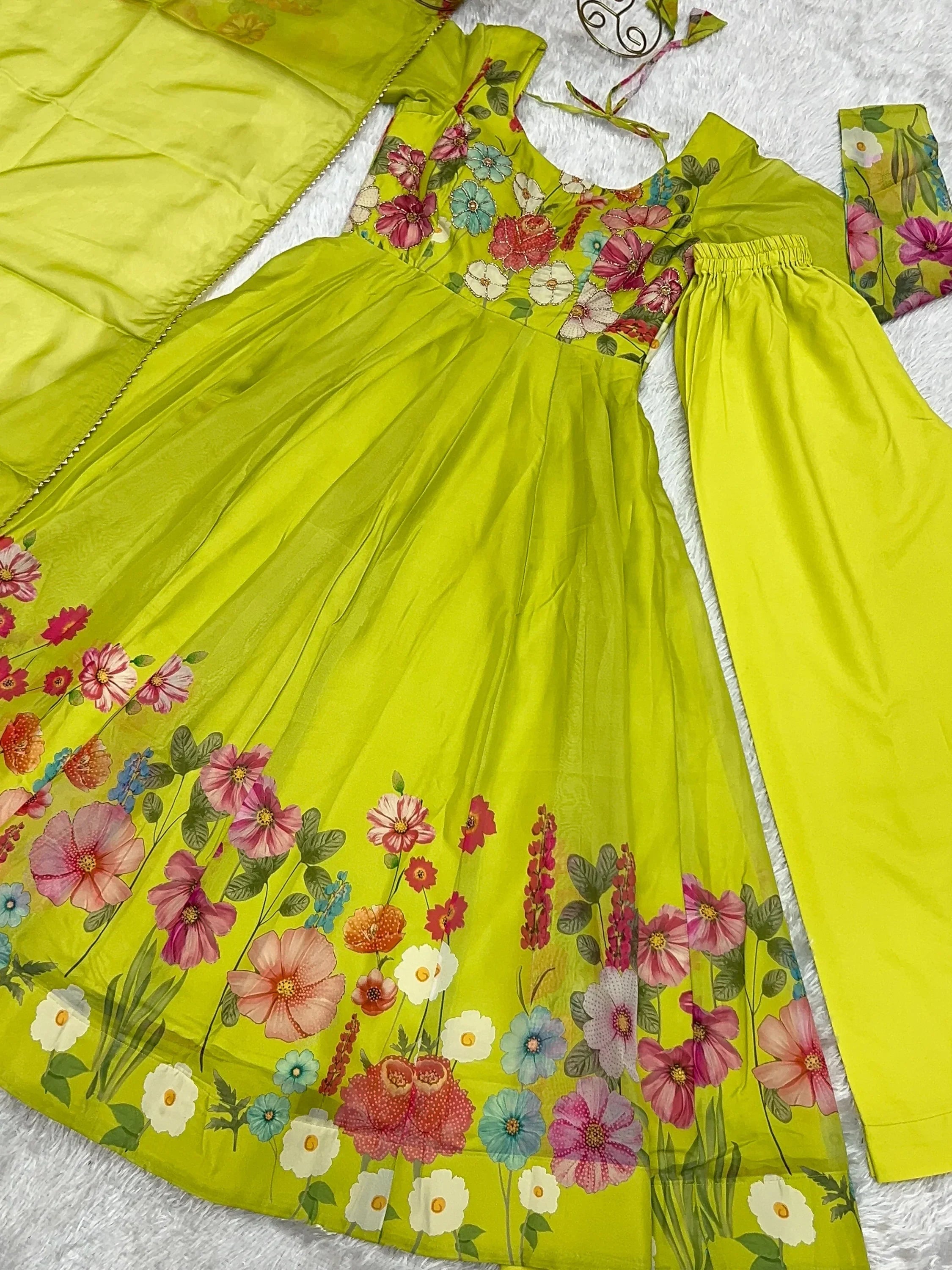 Green Incredible Floral Printed Organza Festival Wear Anarkali Suit