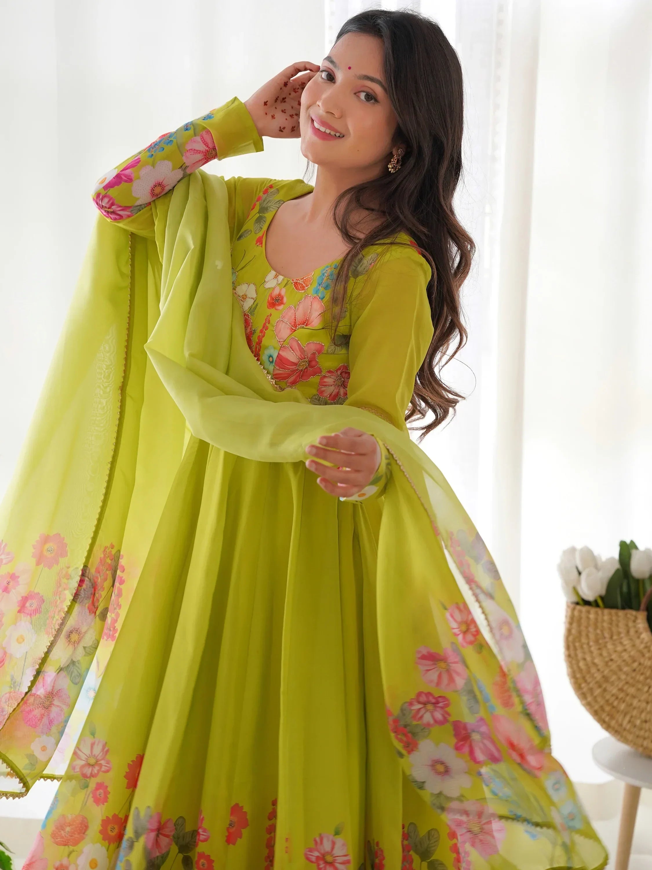 Green Incredible Floral Printed Organza Festival Wear Anarkali Suit