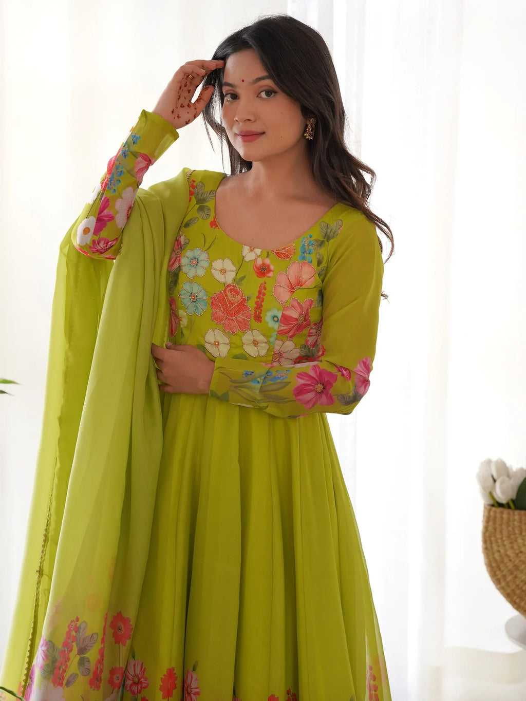 Green Incredible Floral Printed Organza Festival Wear Anarkali Suit