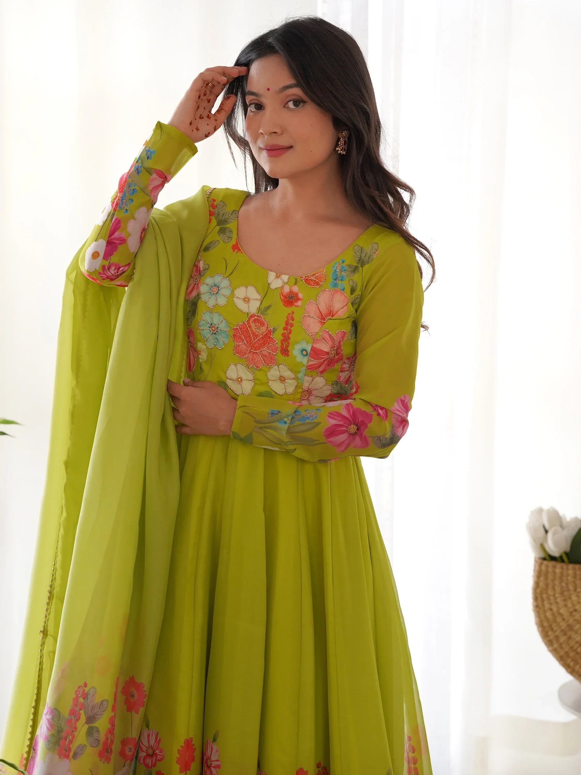 Green Incredible Floral Printed Organza Festival Wear Anarkali Suit