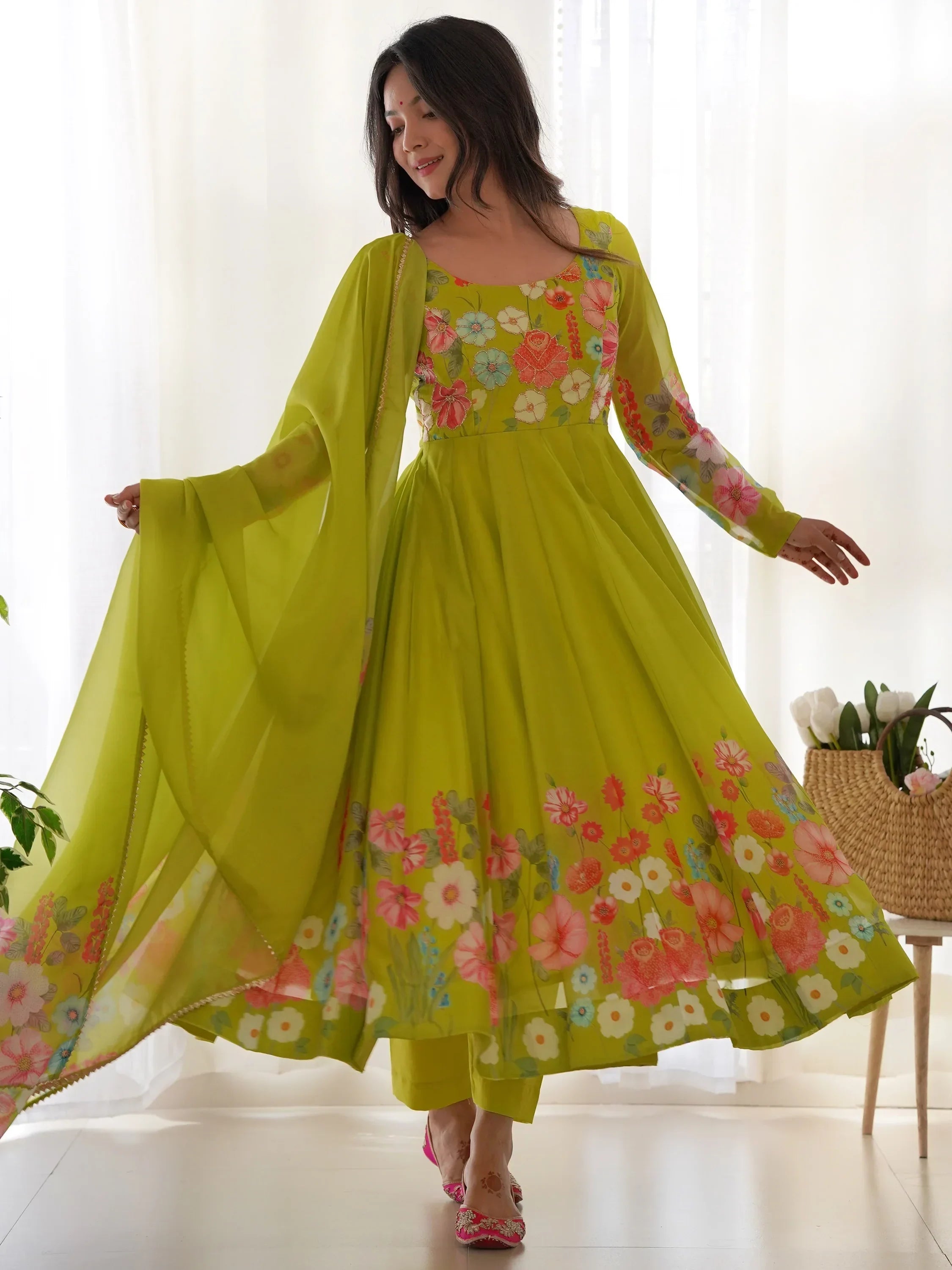 Green Incredible Floral Printed Organza Festival Wear Anarkali Suit