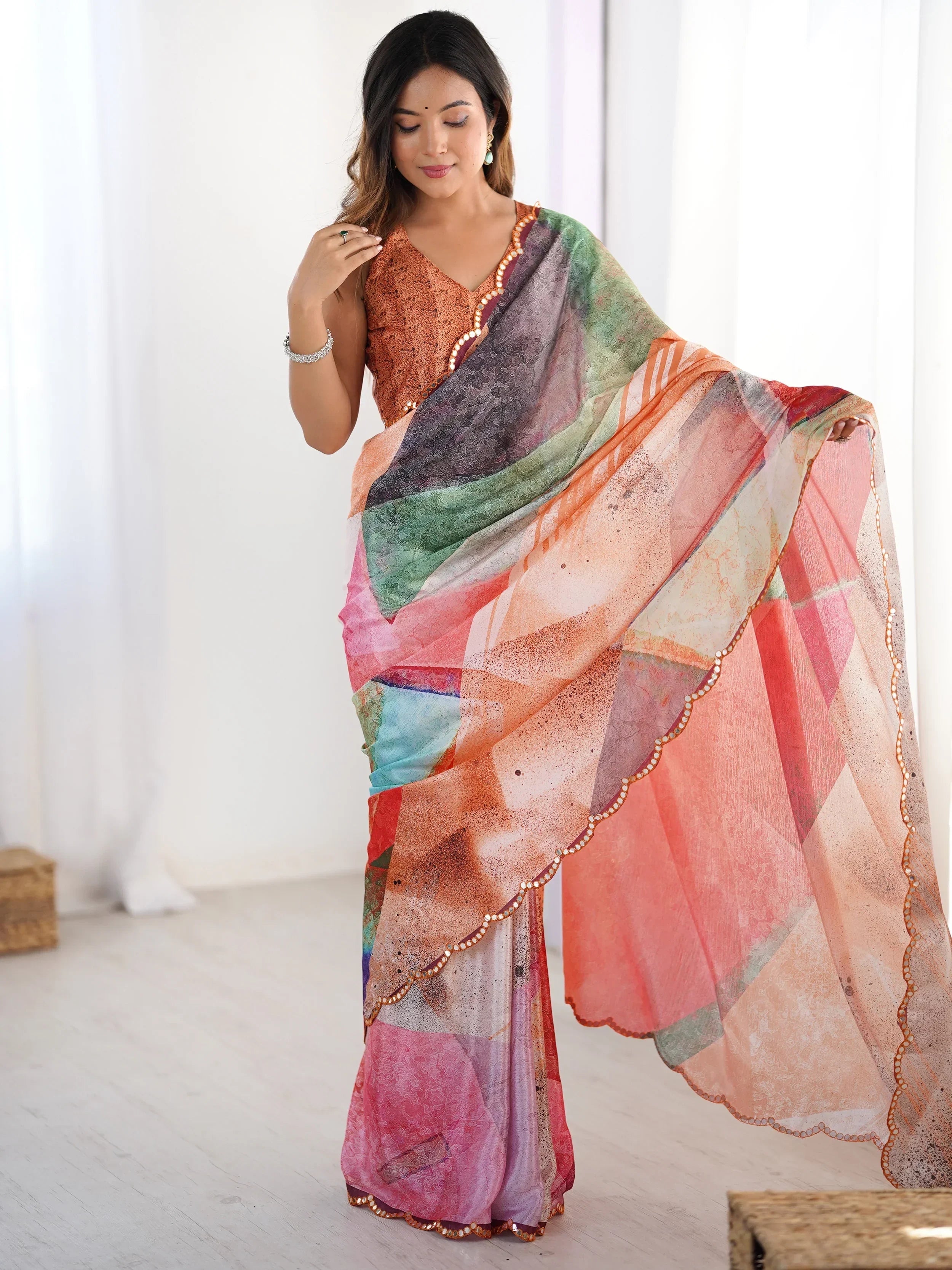 Mesmerizing Beautiful Chinon Digital Printed Saree With Blouse