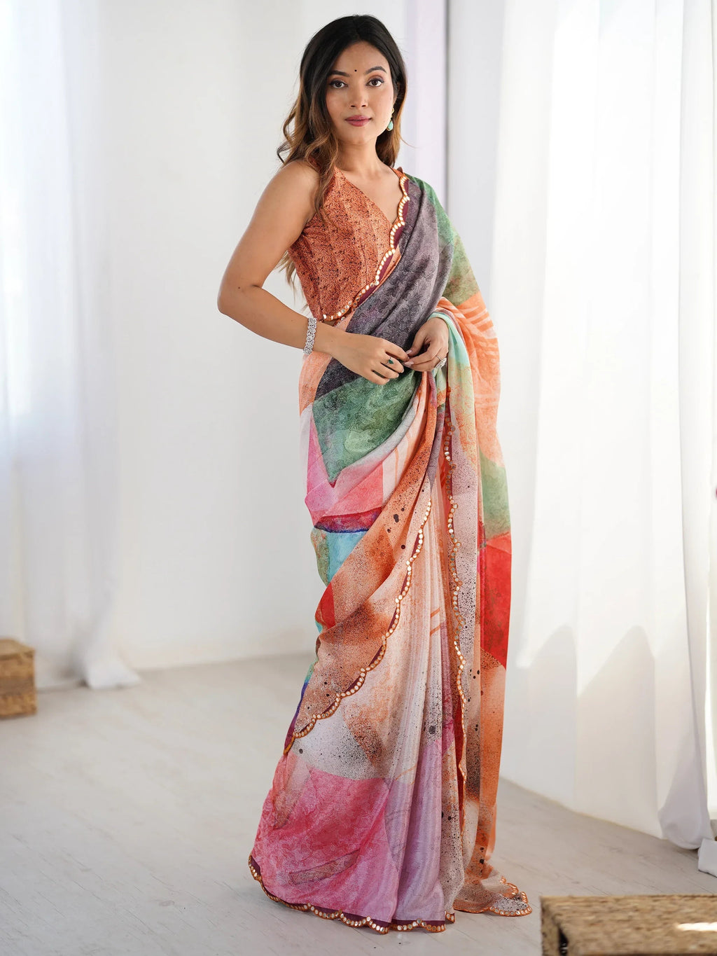 Mesmerizing Beautiful Chinon Digital Printed Saree With Blouse