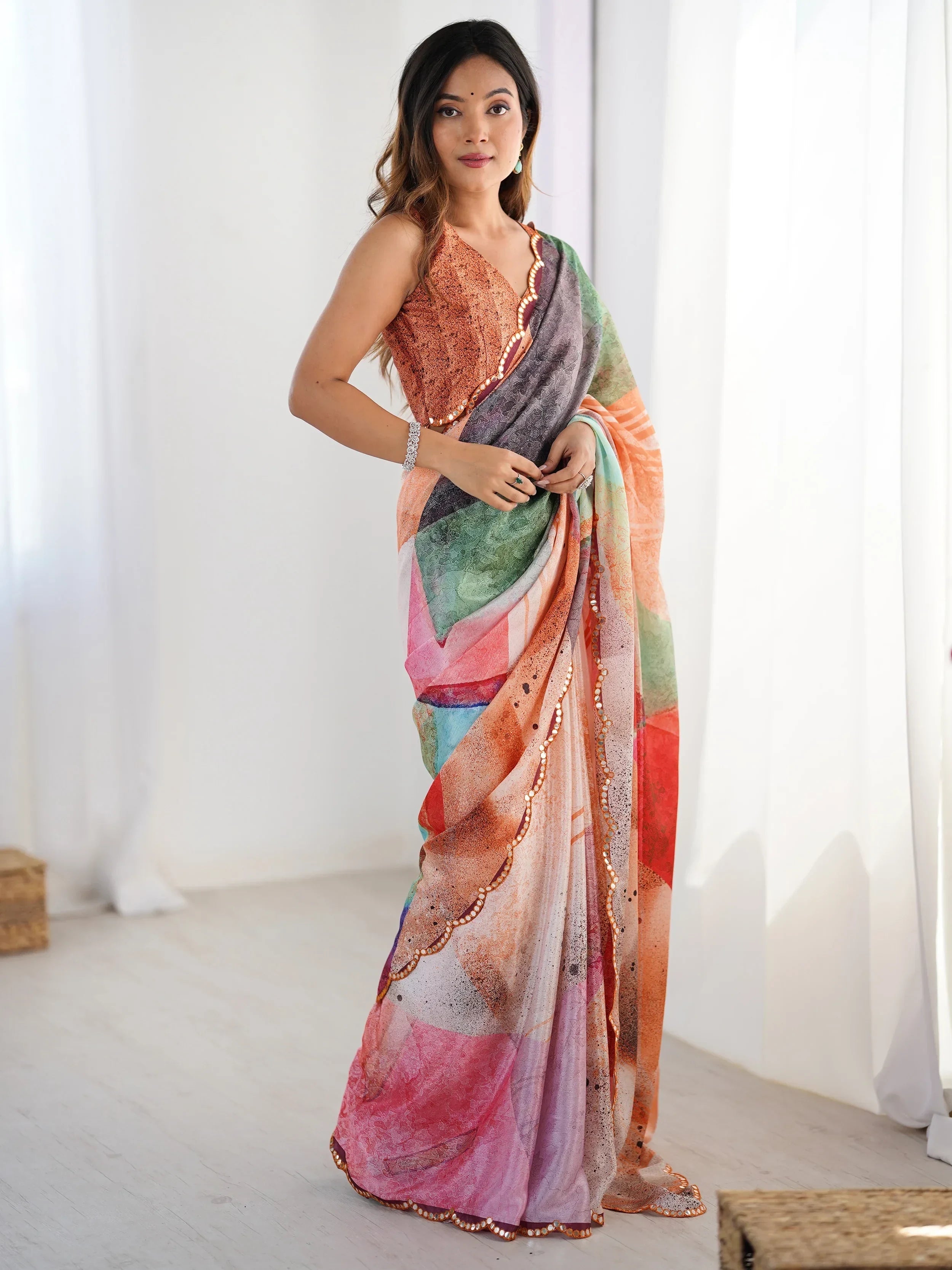 Mesmerizing Beautiful Chinon Digital Printed Saree With Blouse
