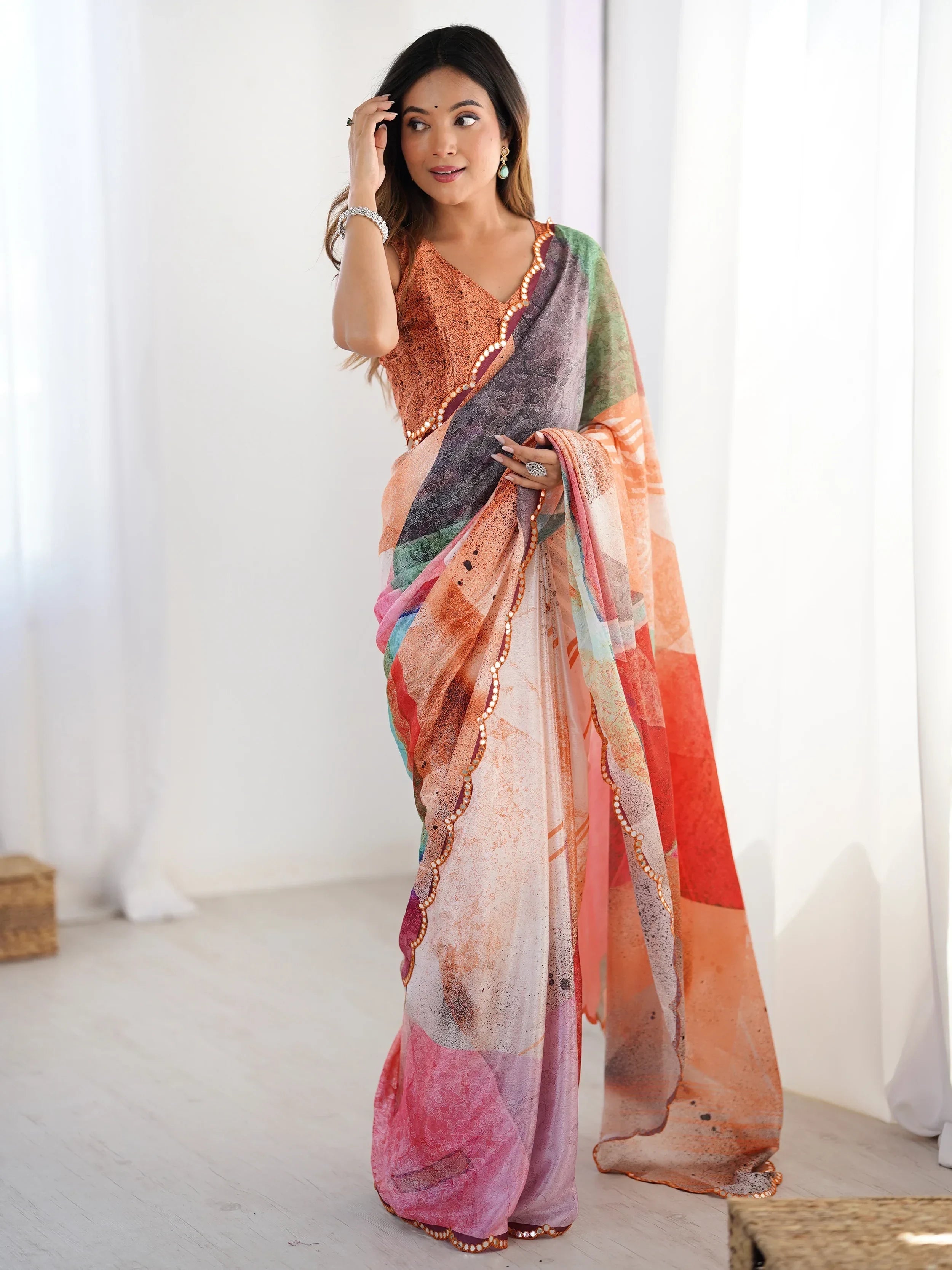 Mesmerizing Beautiful Chinon Digital Printed Saree With Blouse