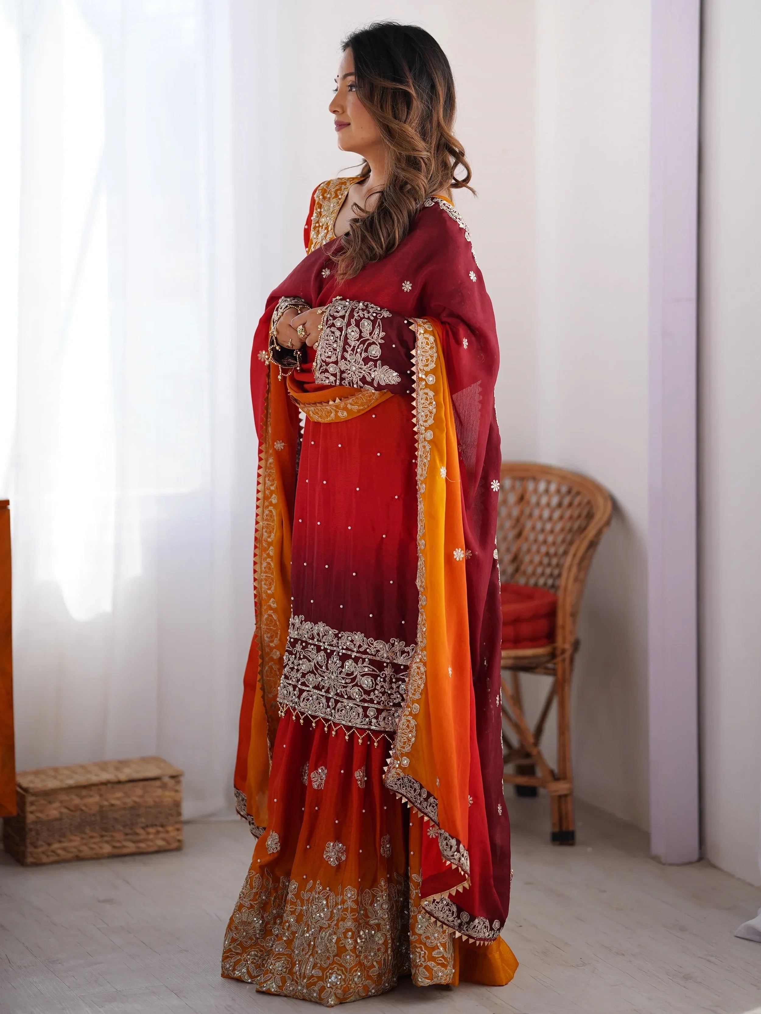 Mesmerizing Orange Chinon Thread Sequins Wedding Wear Sharara Suit