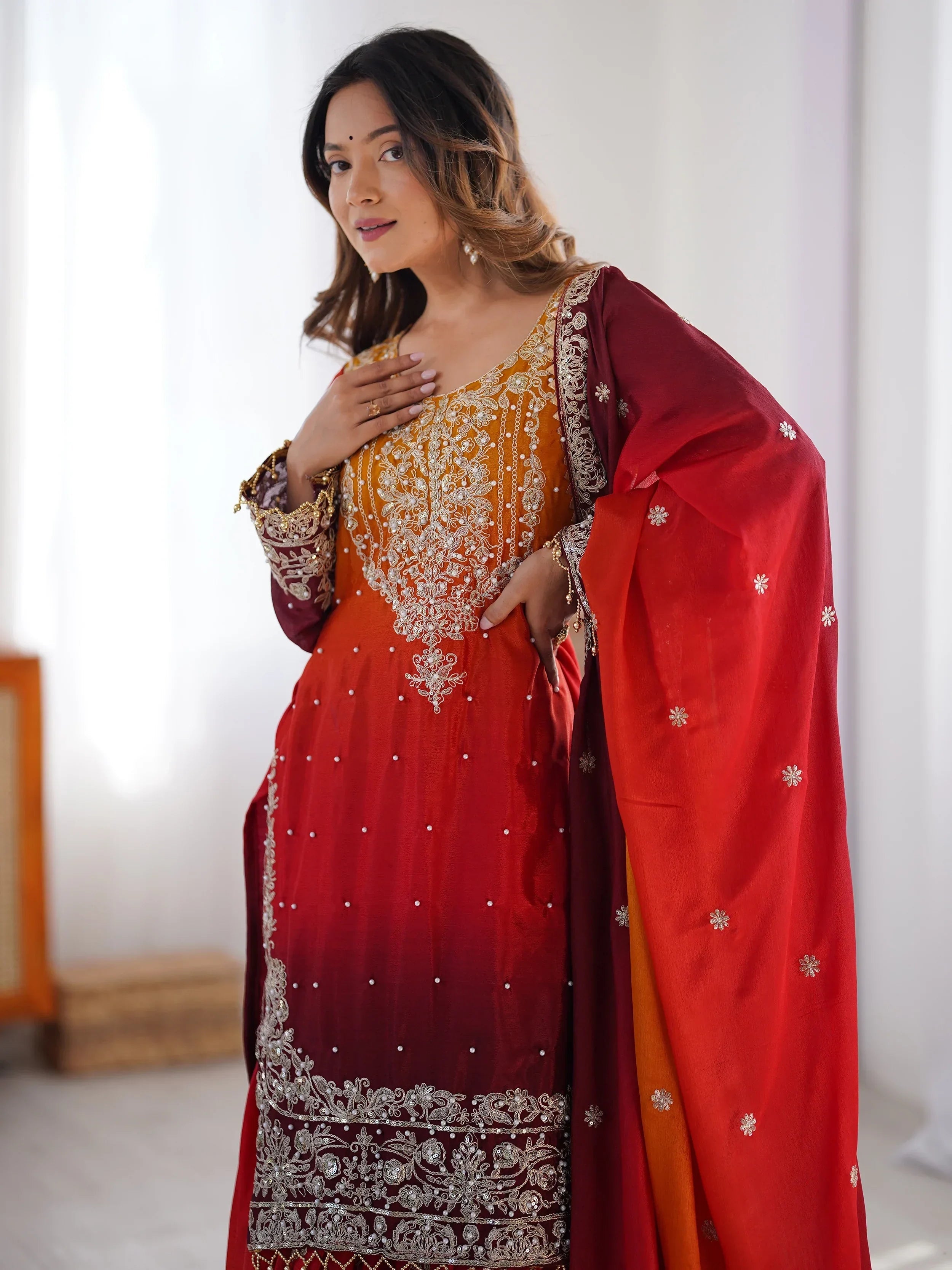 Mesmerizing Orange Chinon Thread Sequins Wedding Wear Sharara Suit