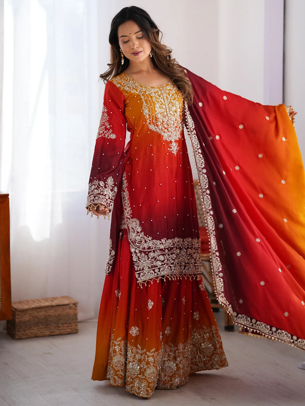 Mesmerizing Orange Chinon Thread Sequins Wedding Wear Sharara Suit
