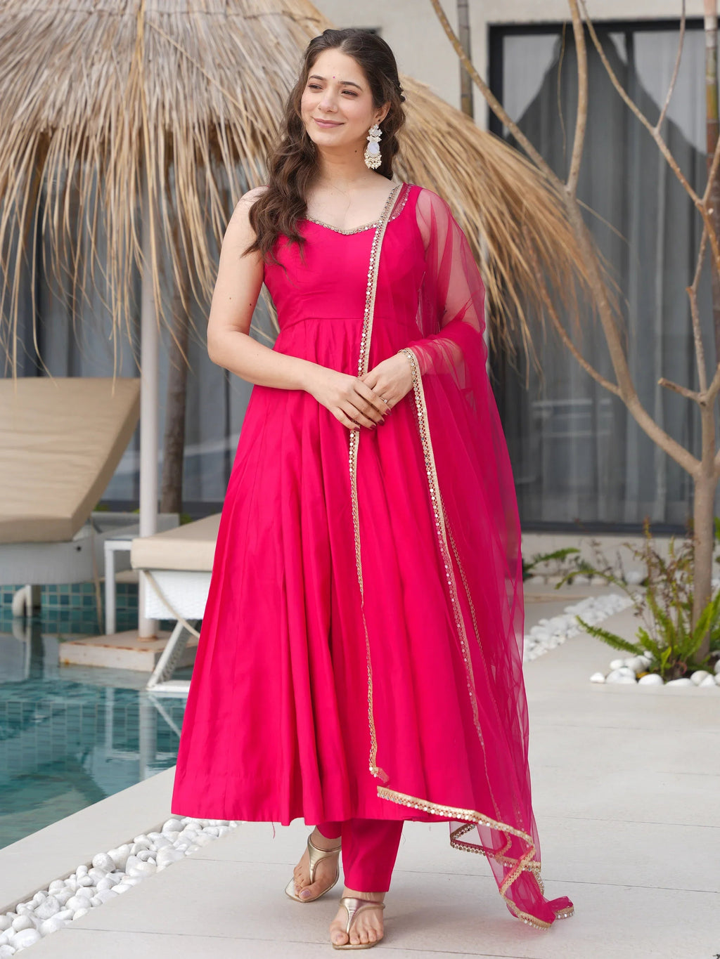 Pink Mesmerizing Chanderi Silk Lace Work Anarkali Suit