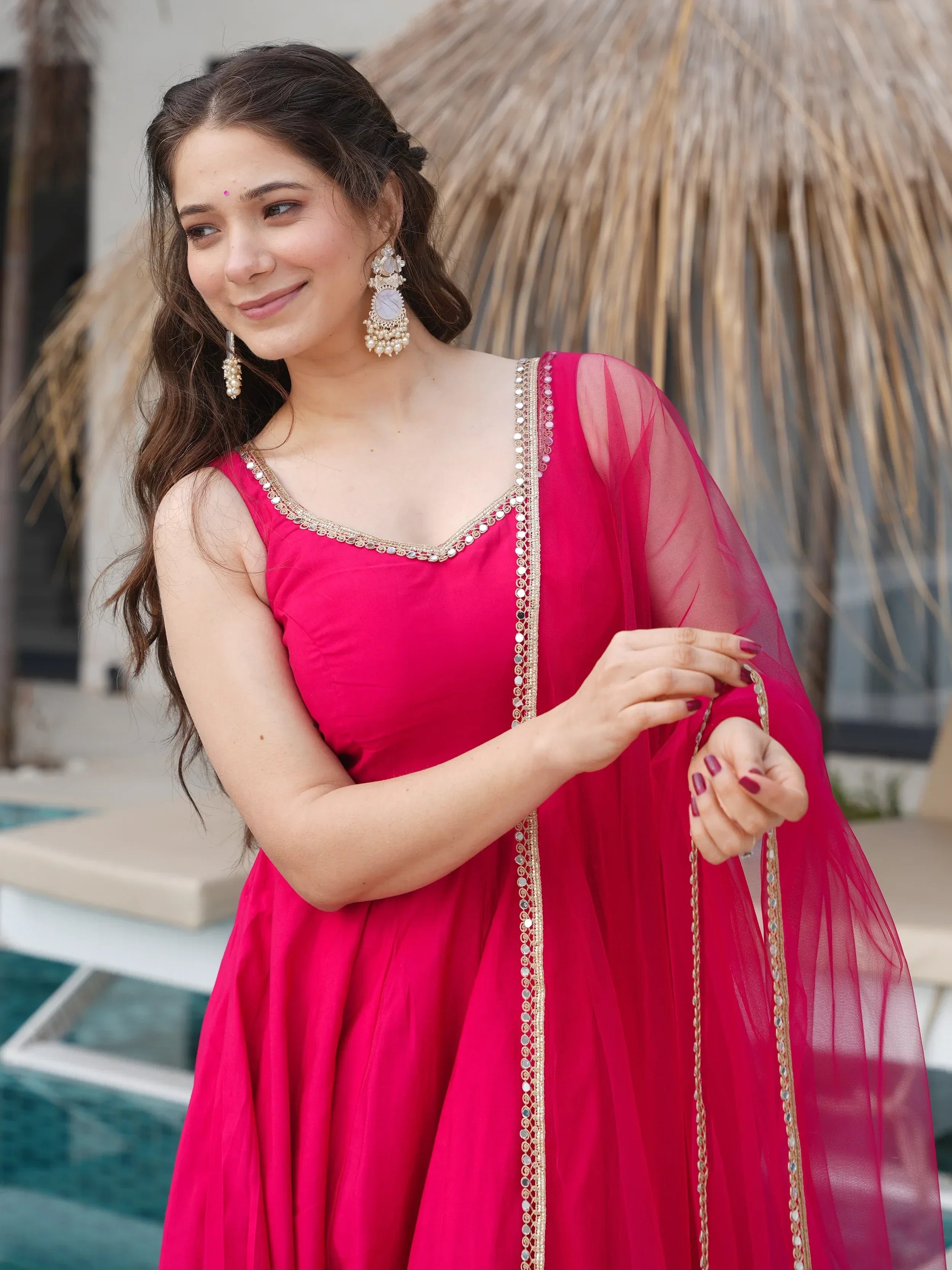 Pink Mesmerizing Chanderi Silk Lace Work Anarkali Suit