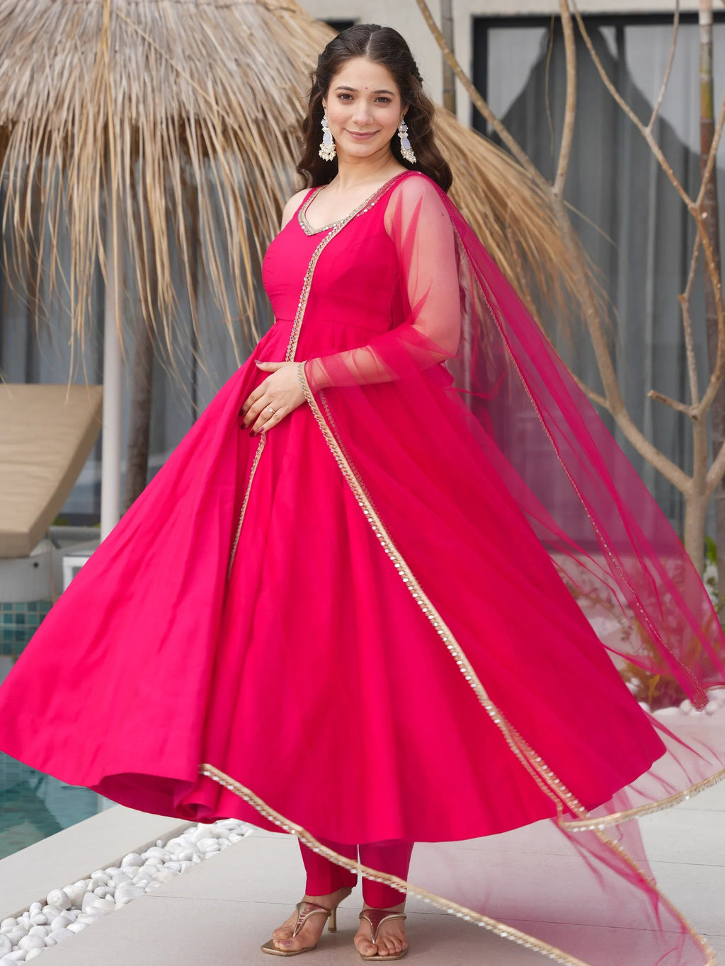 Pink Mesmerizing Chanderi Silk Lace Work Anarkali Suit
