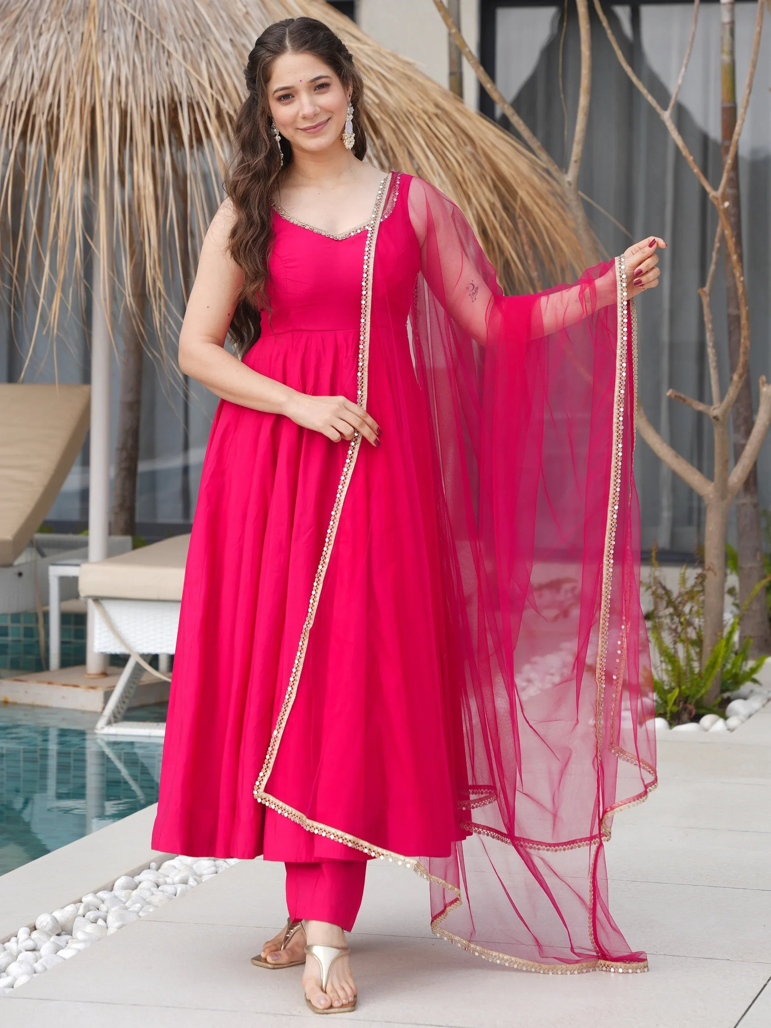Pink Mesmerizing Chanderi Silk Lace Work Anarkali Suit