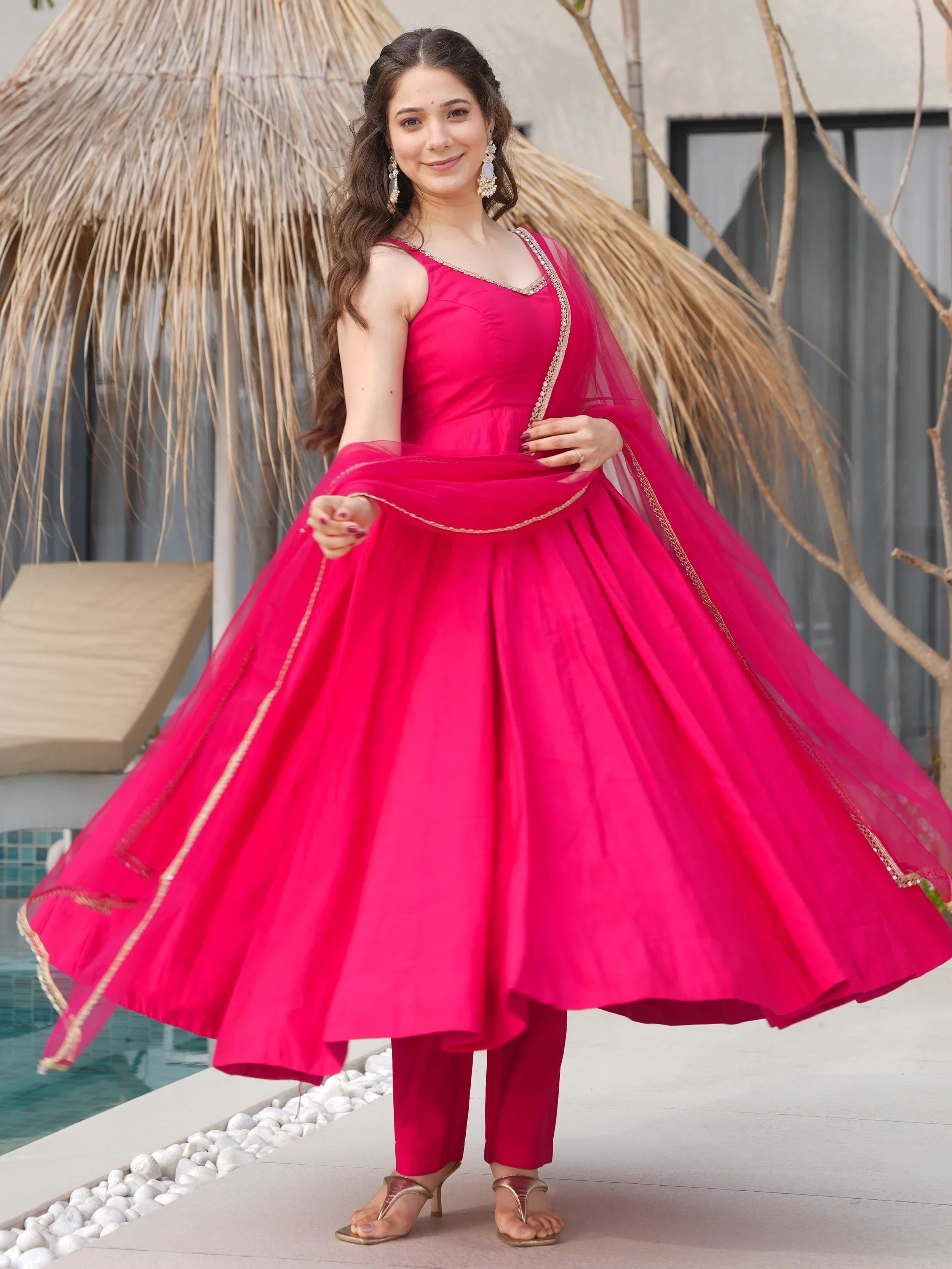 Pink Mesmerizing Chanderi Silk Lace Work Anarkali Suit