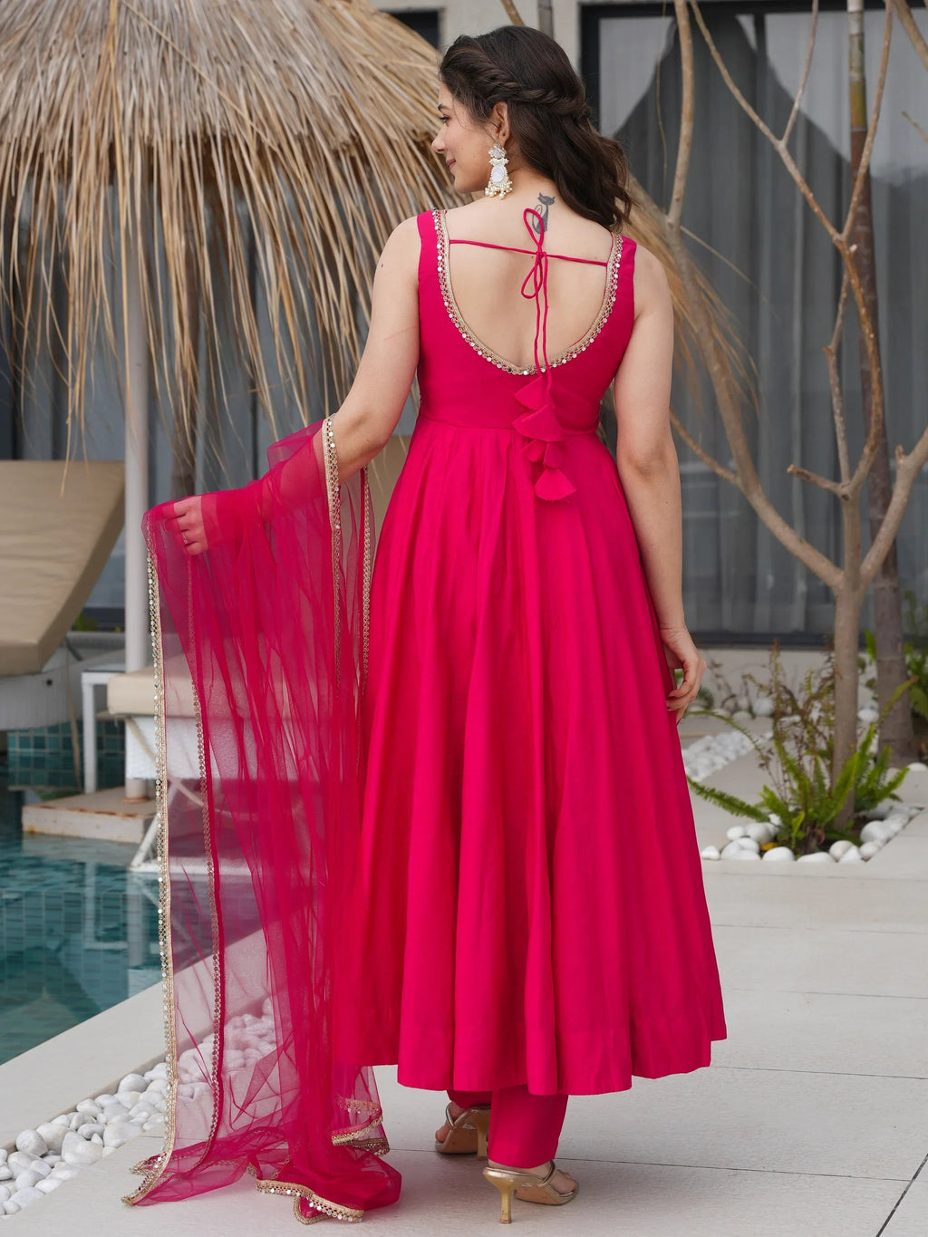Pink Mesmerizing Chanderi Silk Lace Work Anarkali Suit