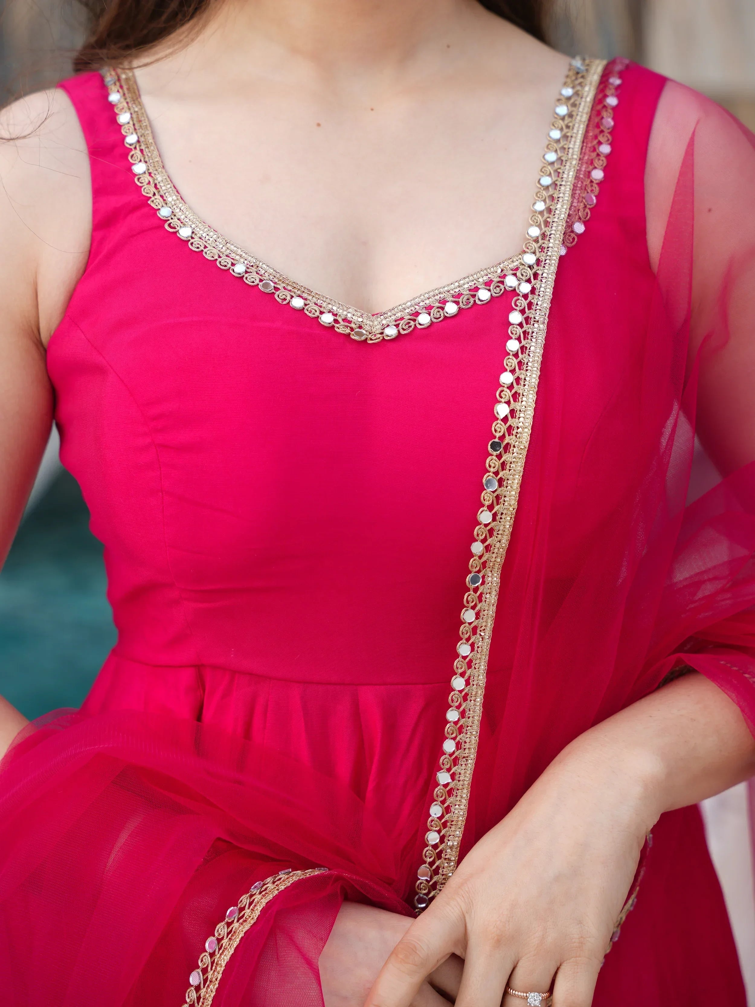 Pink Mesmerizing Chanderi Silk Lace Work Anarkali Suit