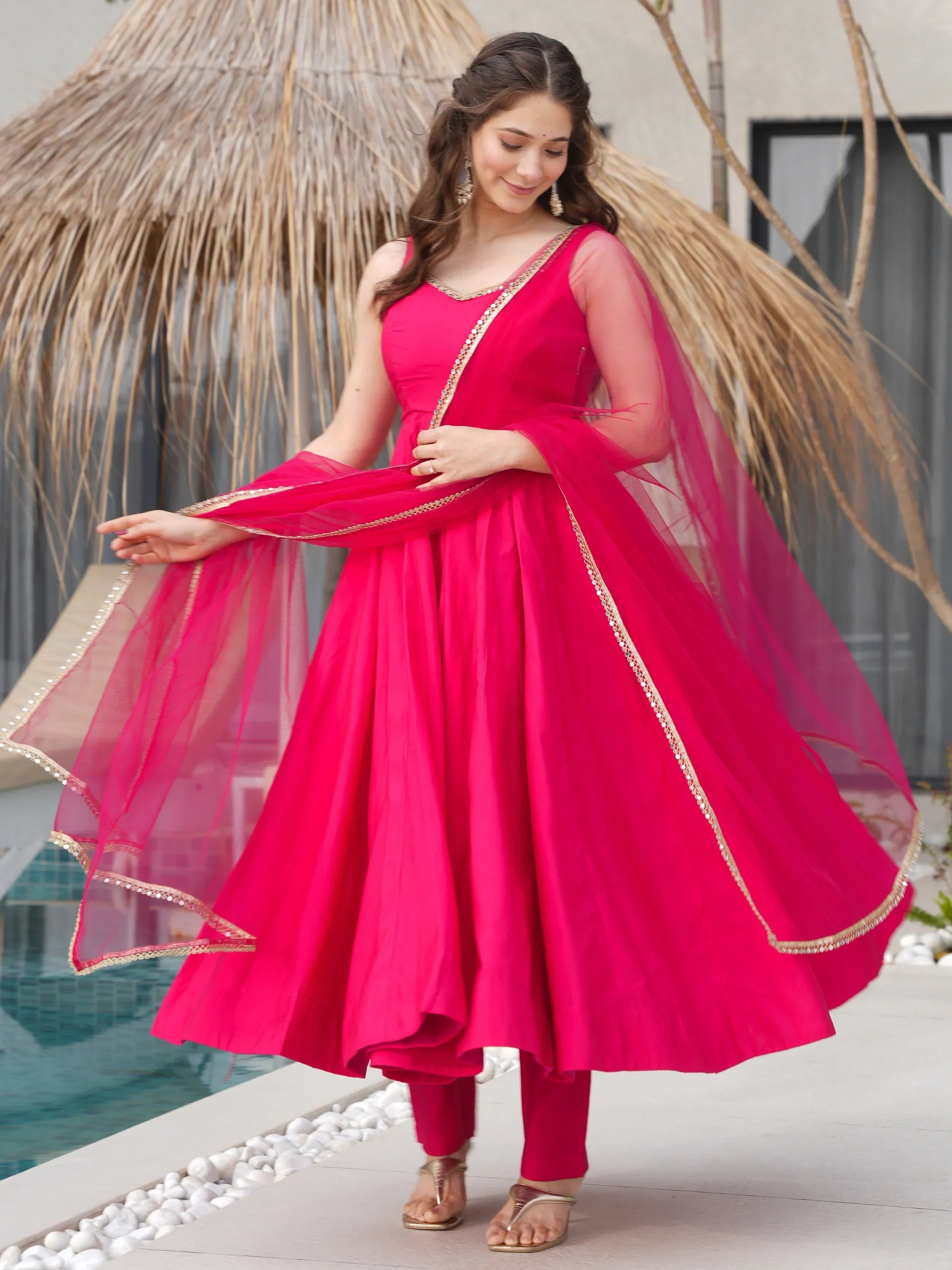 Pink Mesmerizing Chanderi Silk Lace Work Anarkali Suit
