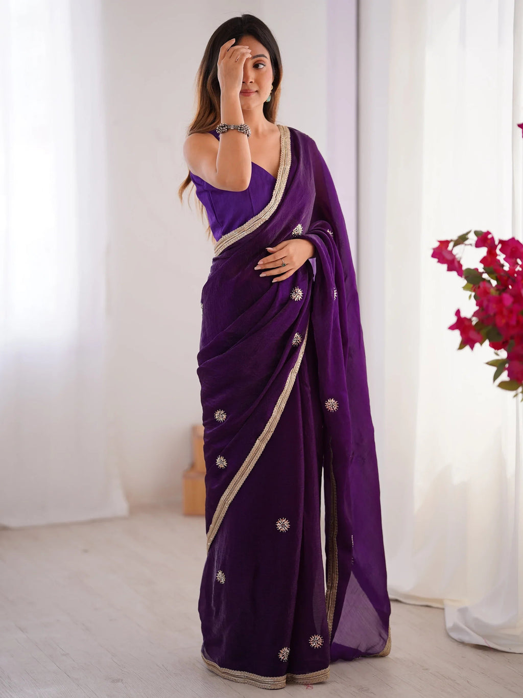 Purple Adorning Silk Sequins Ceremonial Wear Saree With Blouse