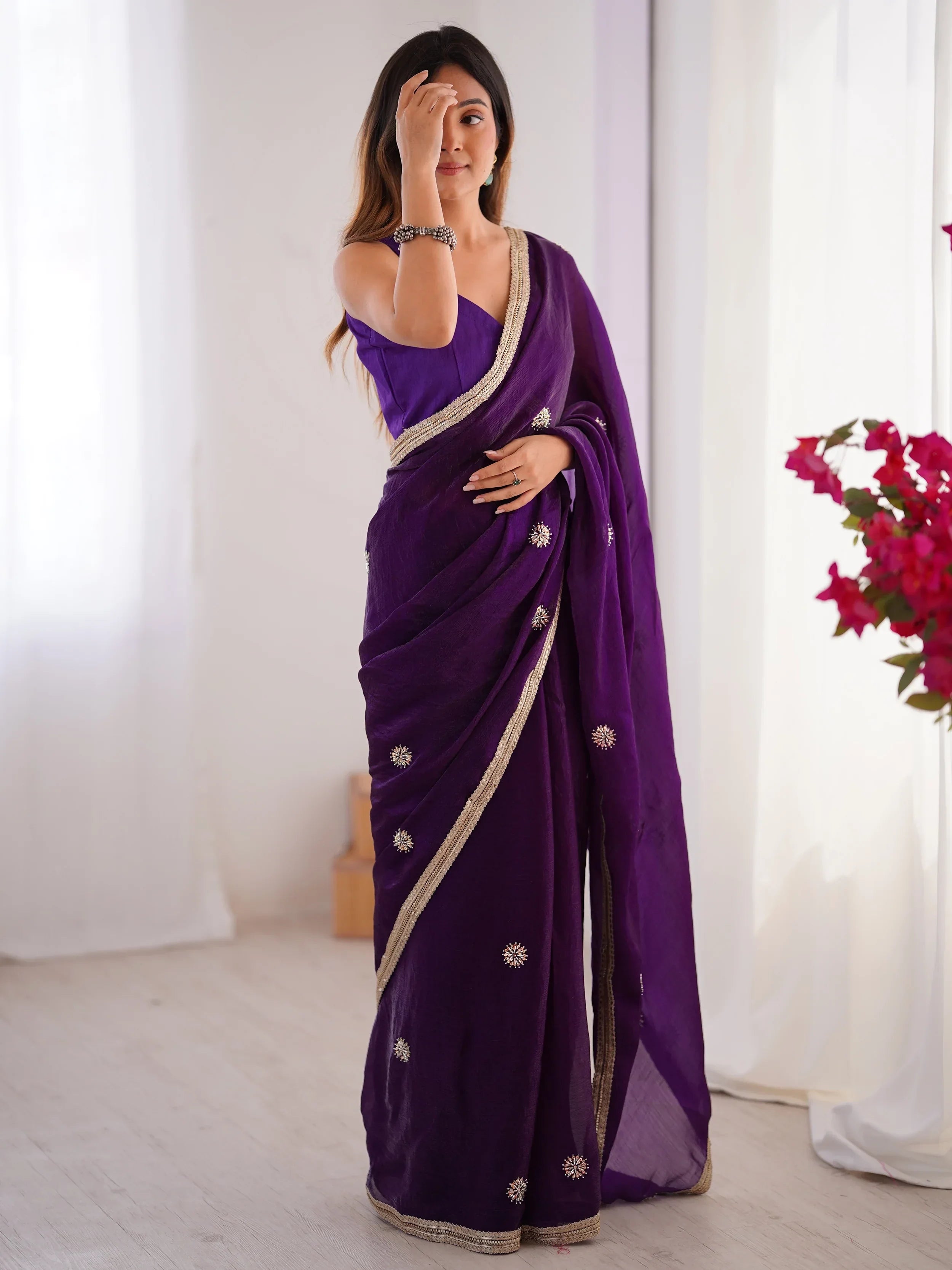 Purple Adorning Silk Sequins Ceremonial Wear Saree With Blouse